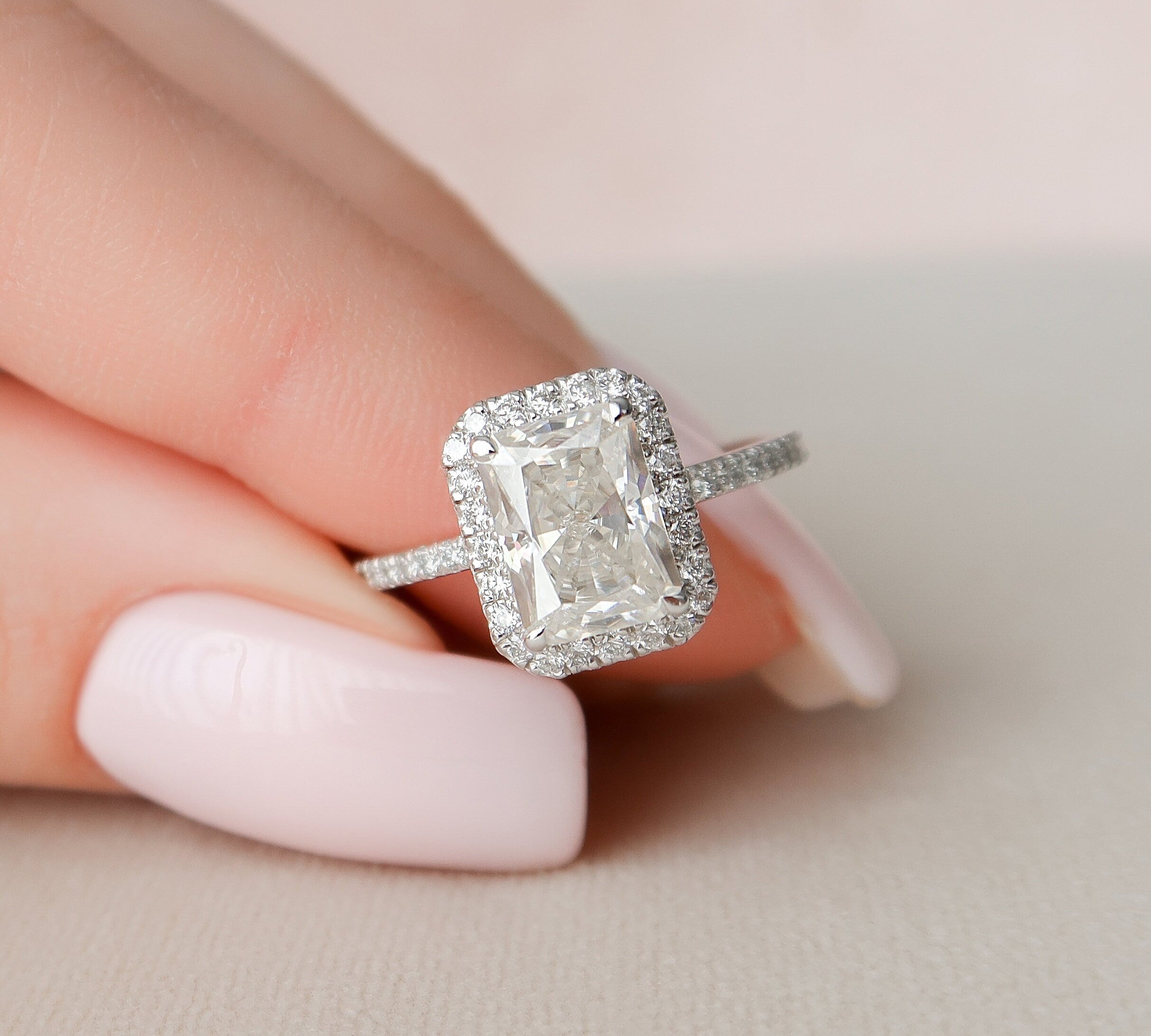 2.0 CT Radiant Cut Halo Style Moissanite Engagement Ring 1