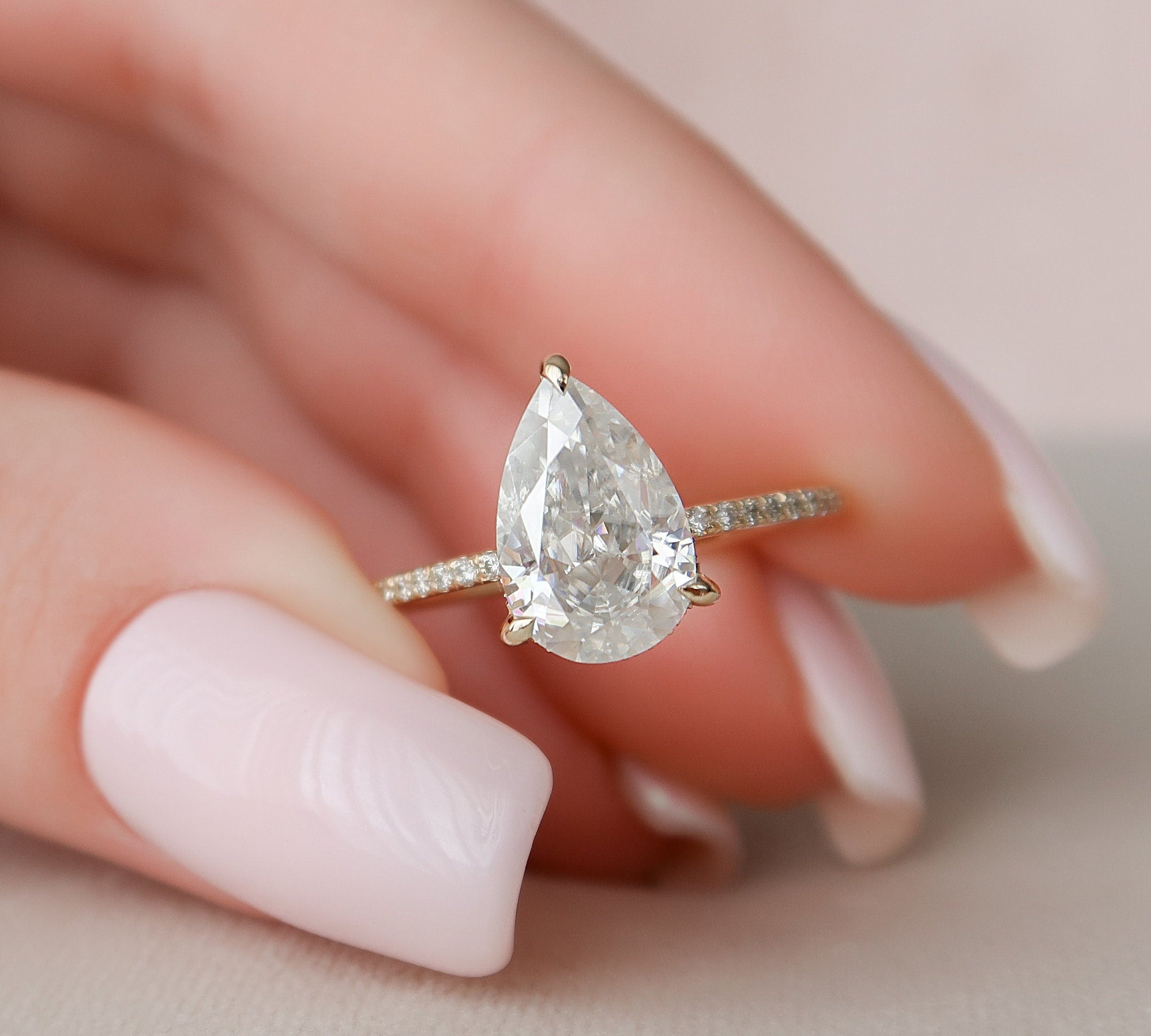 2.5 CT Pear Cut Pave & Hidden Halo Setting Moissanite Engagement Ring 1