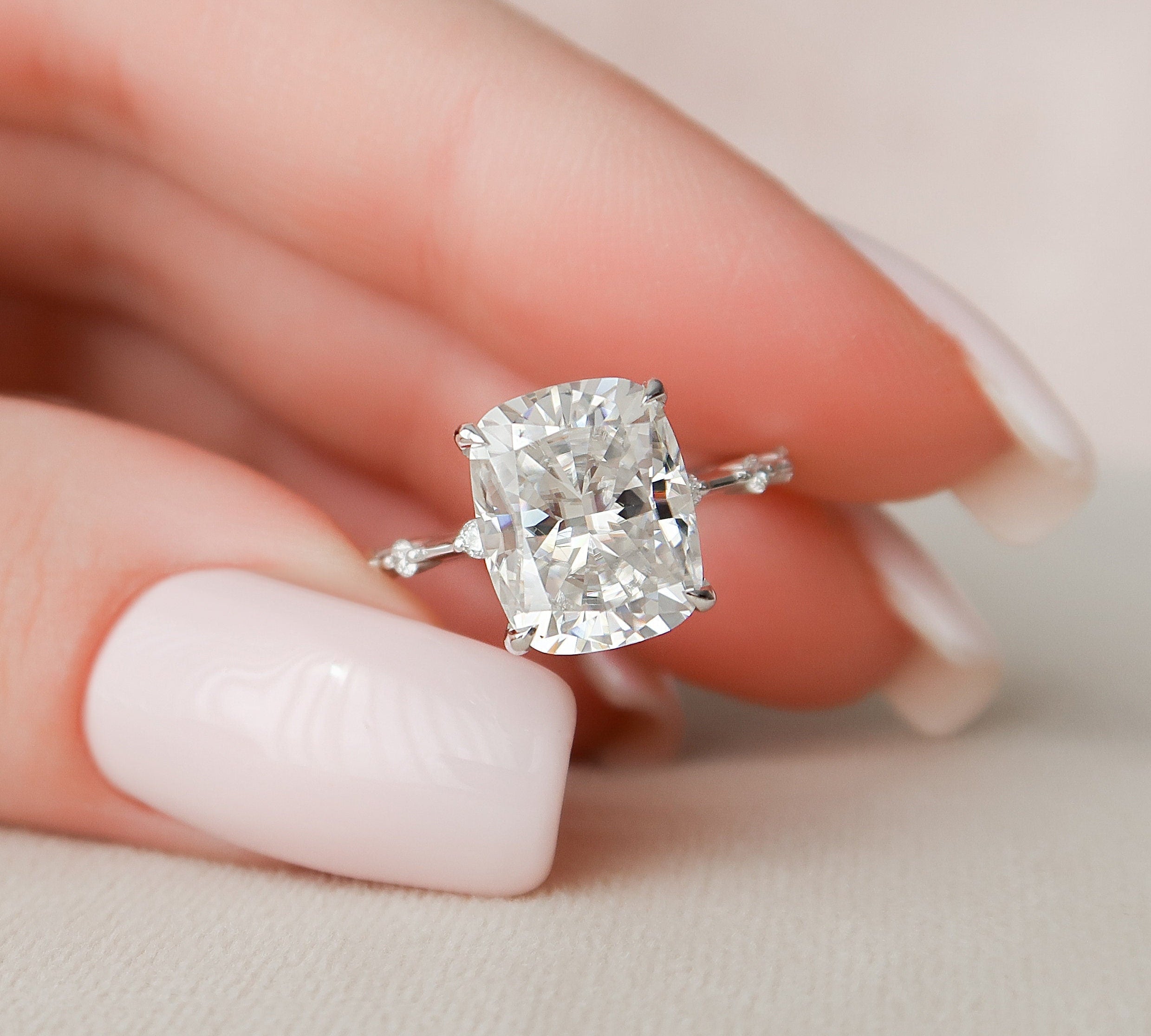 5.0 CT Cushion Solitaire & Dainty Pave Moissanite Engagement Ring 1