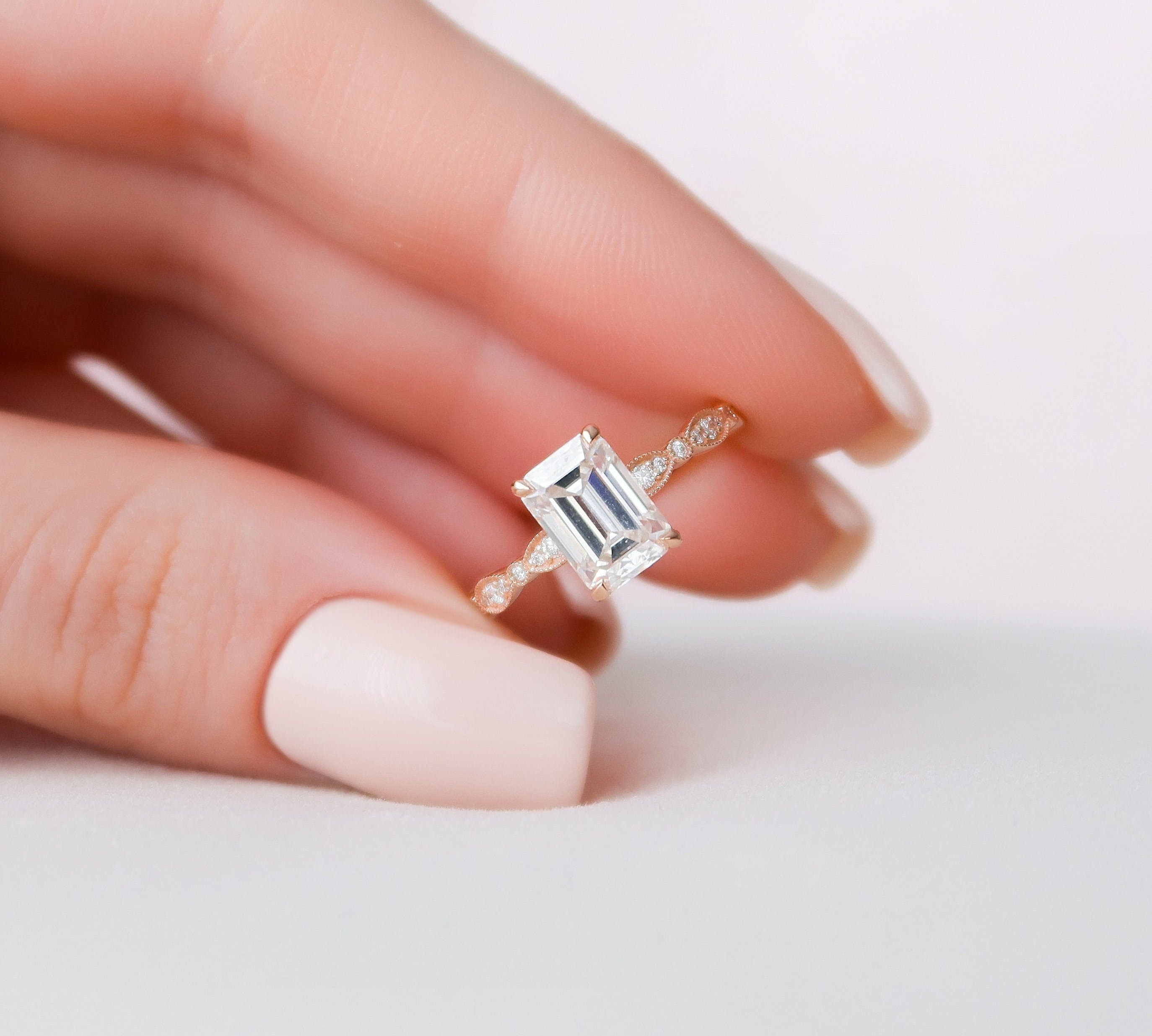 2.0 CT Emerald Milgrain Vintage Style Moissanite Engagement Ring 3