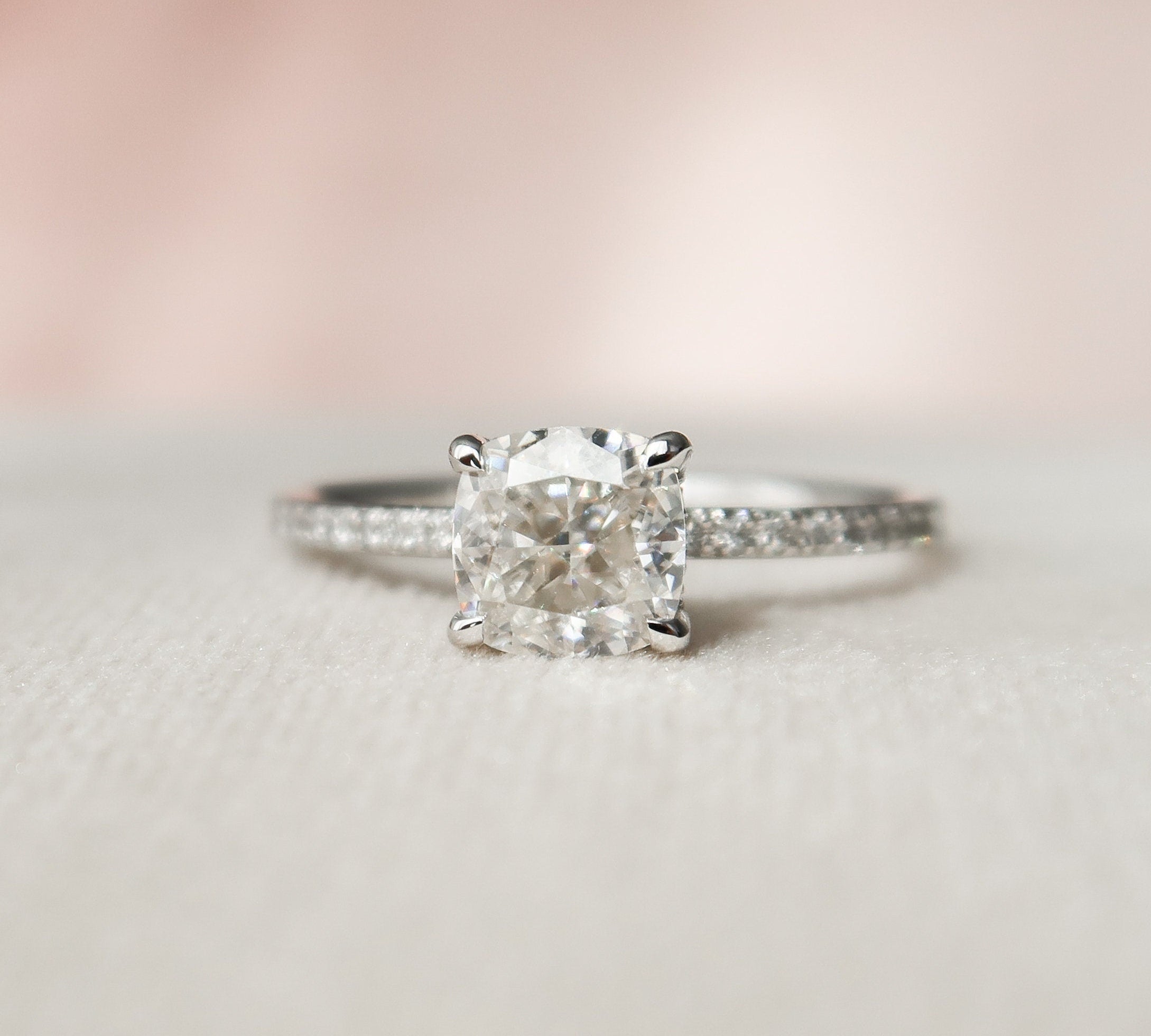 1.0 CT Cushion Hidden Halo & Pave Setting Moissanite Engagement Ring 2