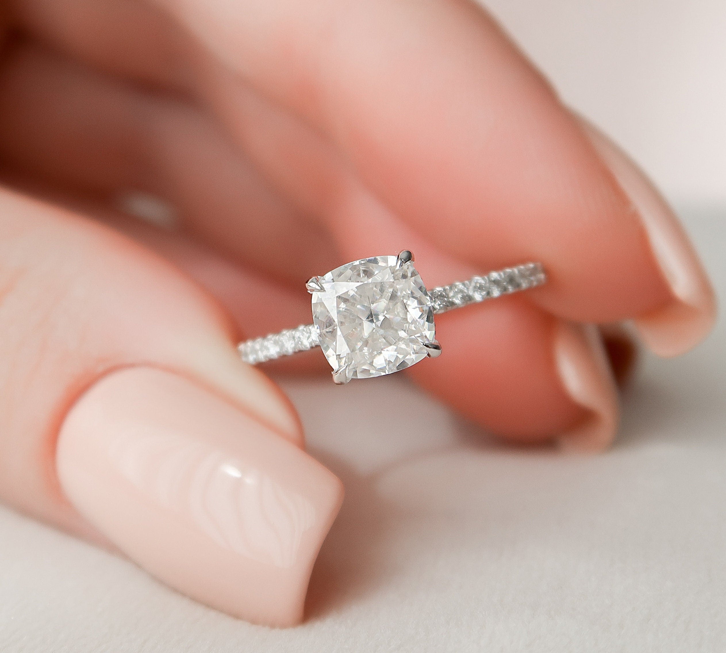 1.5 CT Cushion Hidden Halo & Pave Setting Moissanite Engagement Ring 1