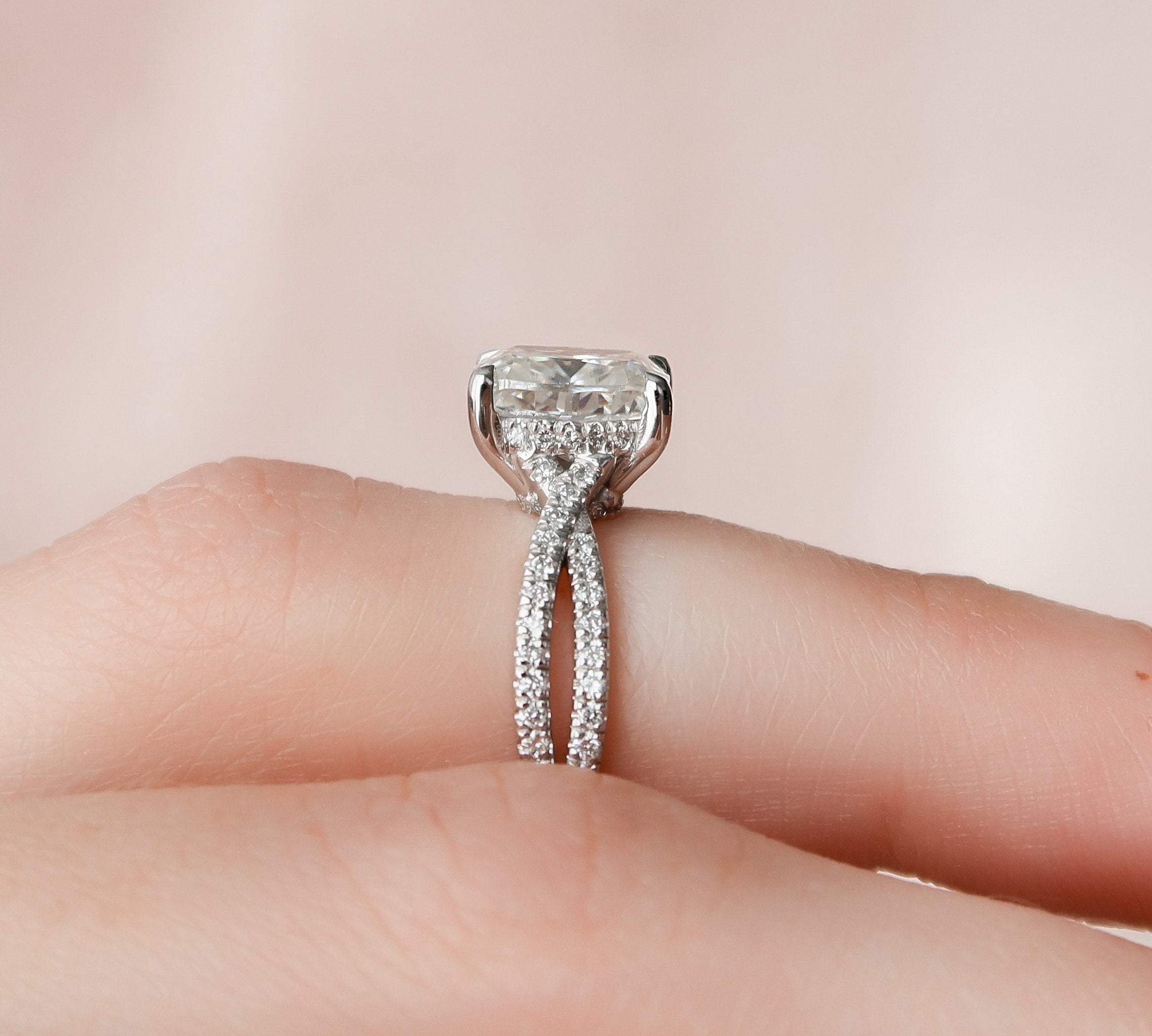 2.0 CT Cushion Hidden Halo Criss Cross Moissanite Engagement Ring 2