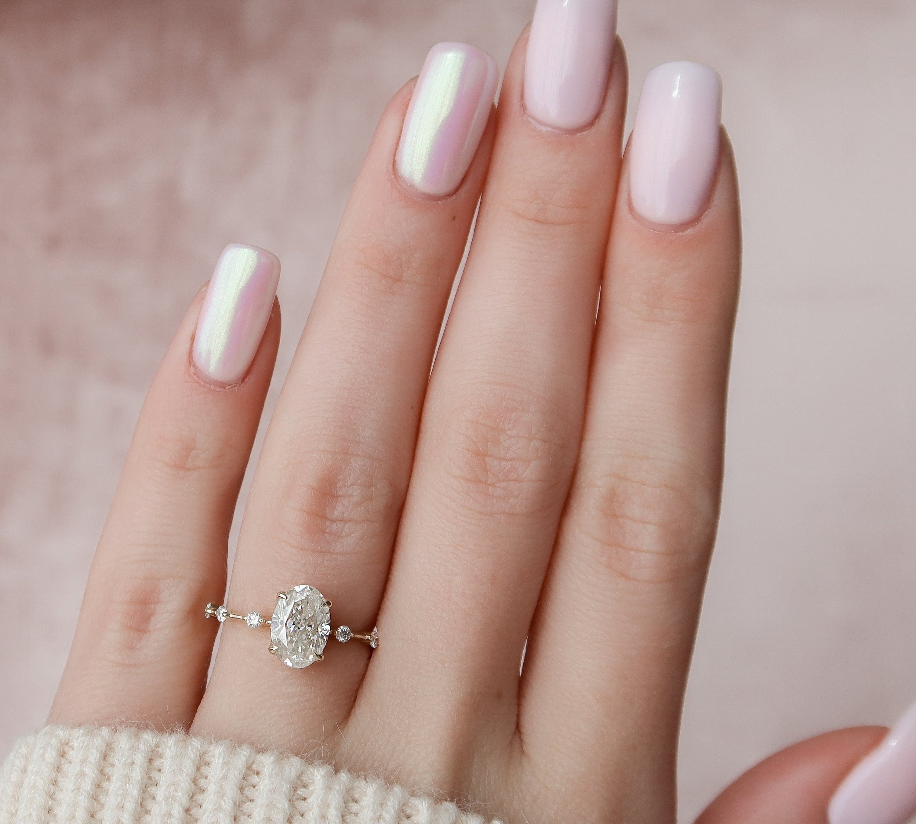 1.5 CT Oval Cut Dainty Pave & Solitaire Moissanite Engagement Ring 3