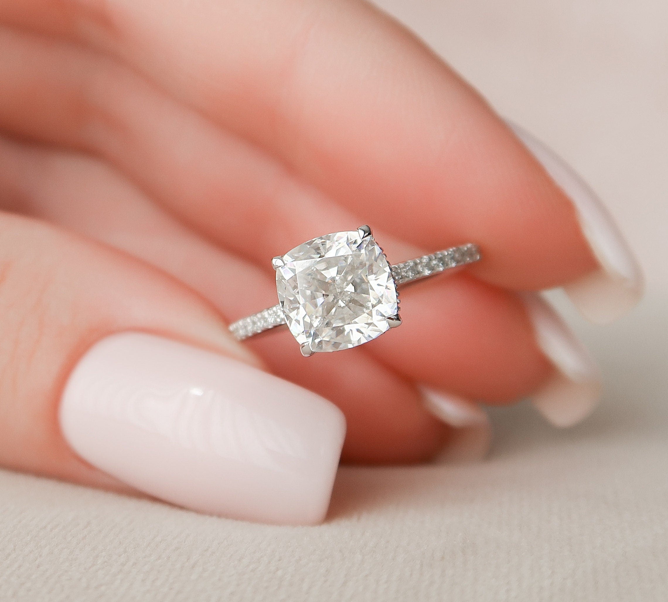 2.5 CT Cushion Pave & Hidden Halo Setting Moissanite Engagement Ring 1