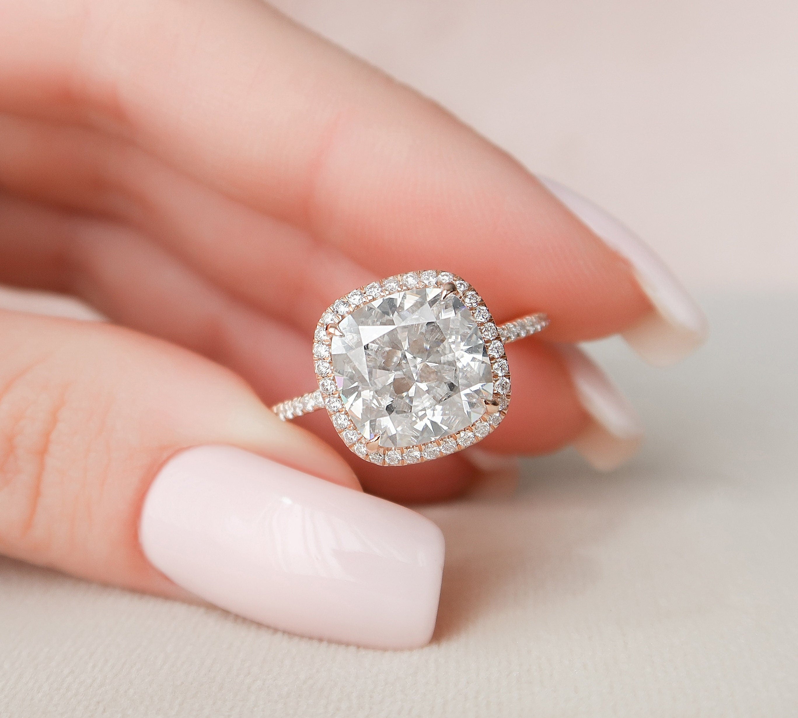 5.0 CT Cushion Halo & Pave Moissanite Engagement Ring 1