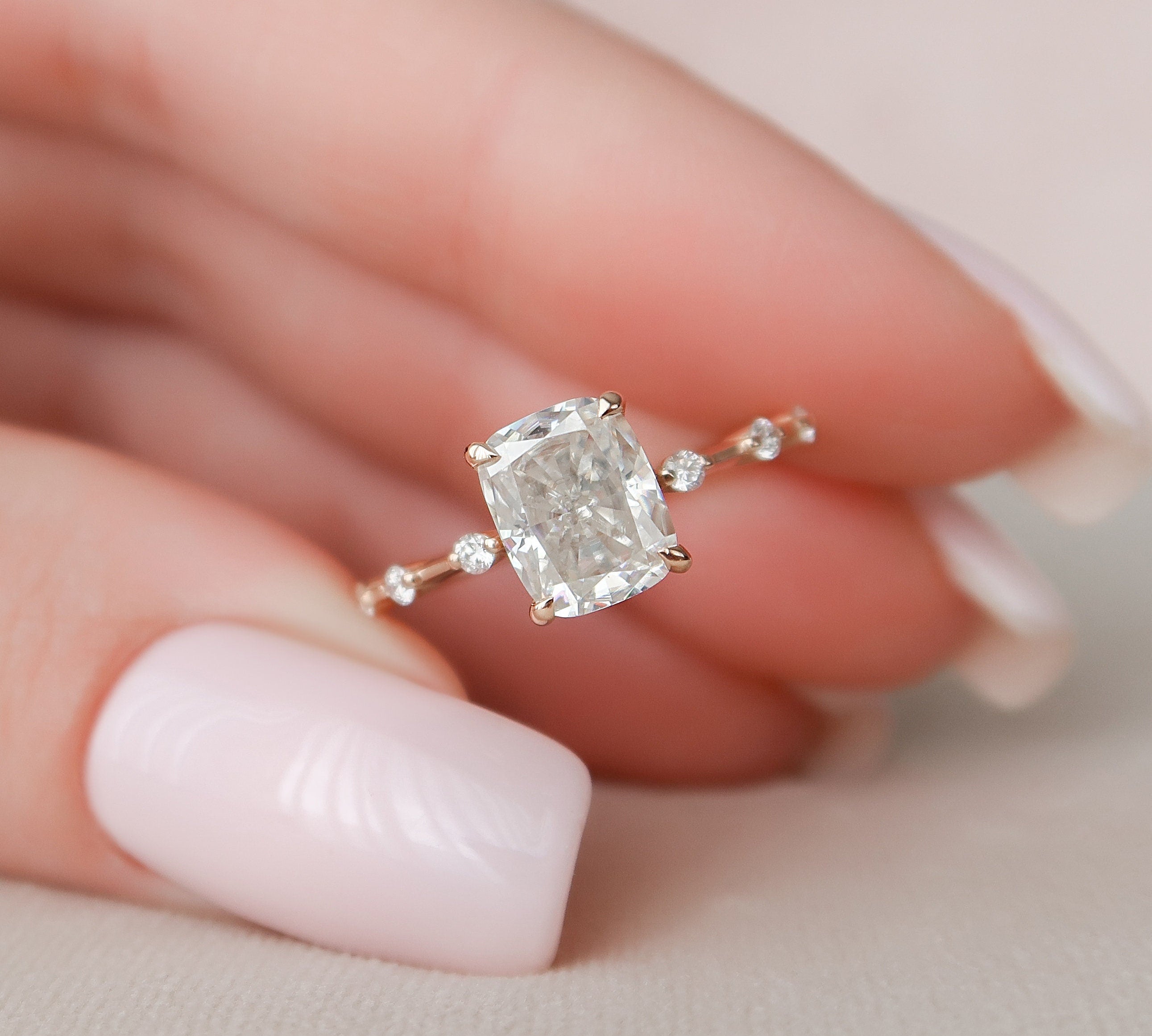 2.0 CT Cushion Dainty Pave Moissanite Engagement Ring 1