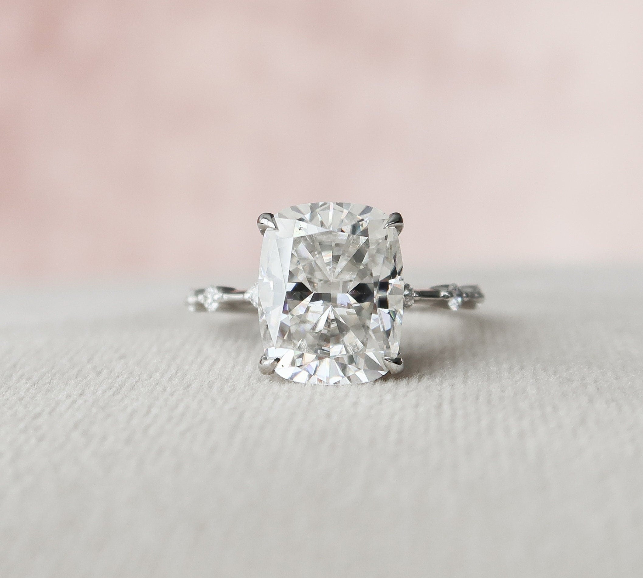 5.0 CT Cushion Solitaire & Dainty Pave Moissanite Engagement Ring 3