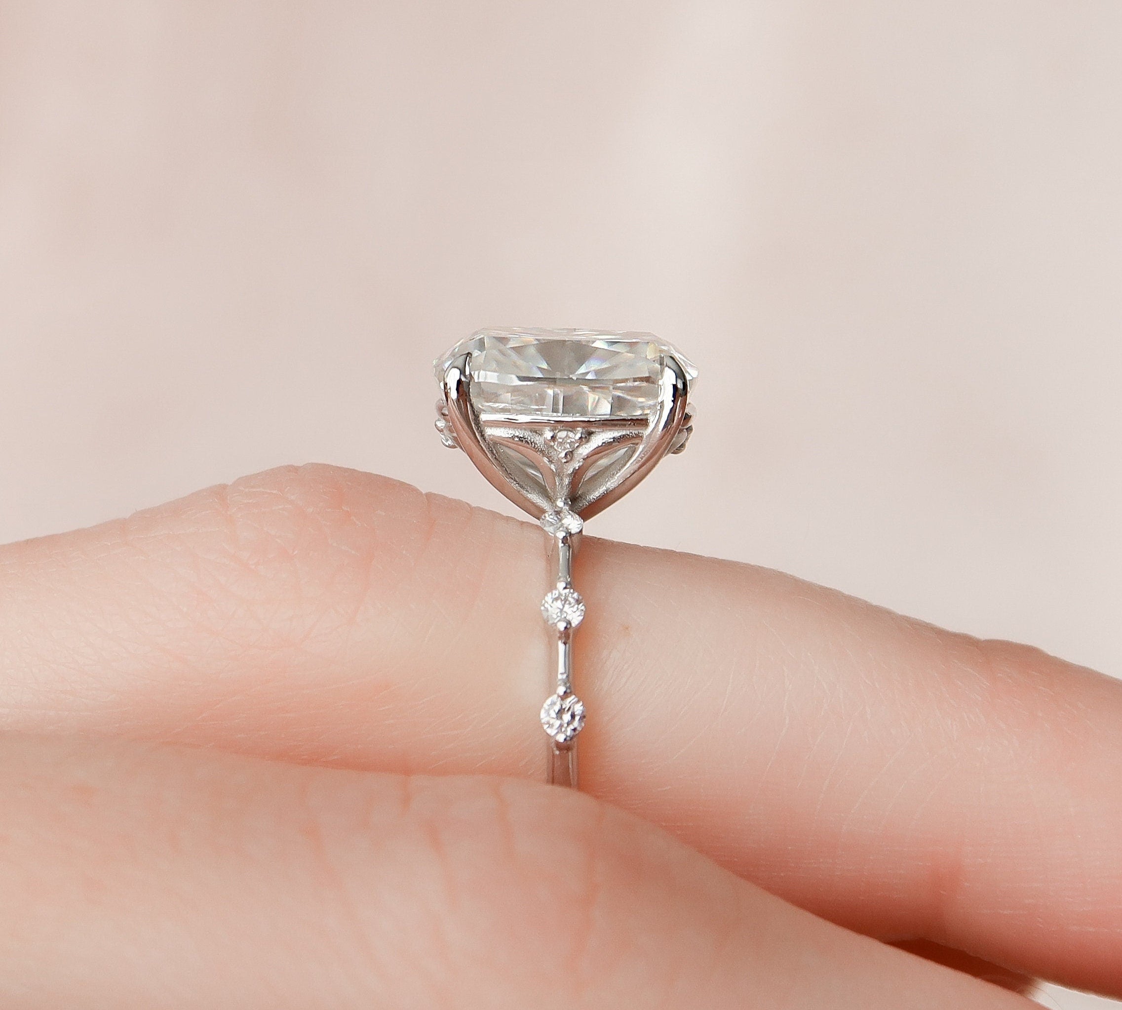 5.0 CT Cushion Solitaire & Dainty Pave Moissanite Engagement Ring 2