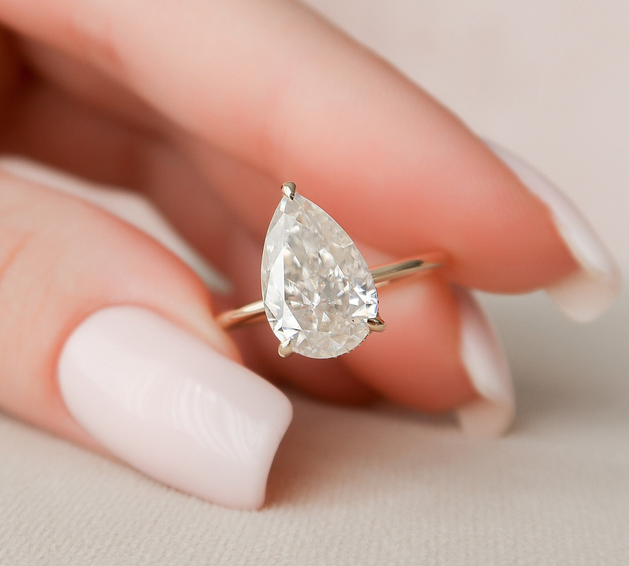 3.0 CT Pear Cut Hidden Halo Style Moissanite Engagement Ring 1