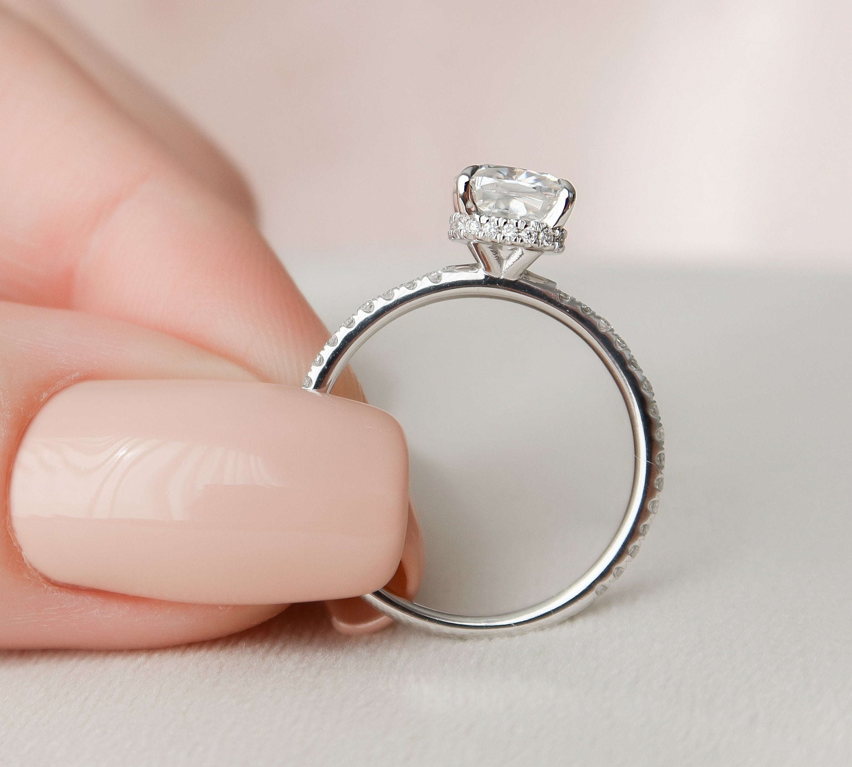 1.5 CT Cushion Hidden Halo & Pave Setting Moissanite Engagement Ring 2