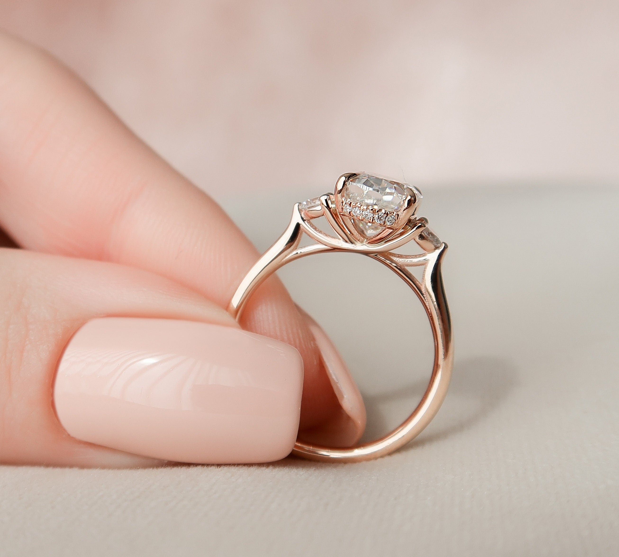 2.0 CT Oval Three Stone & Hidden Halo Moissanite Engagement Ring 2