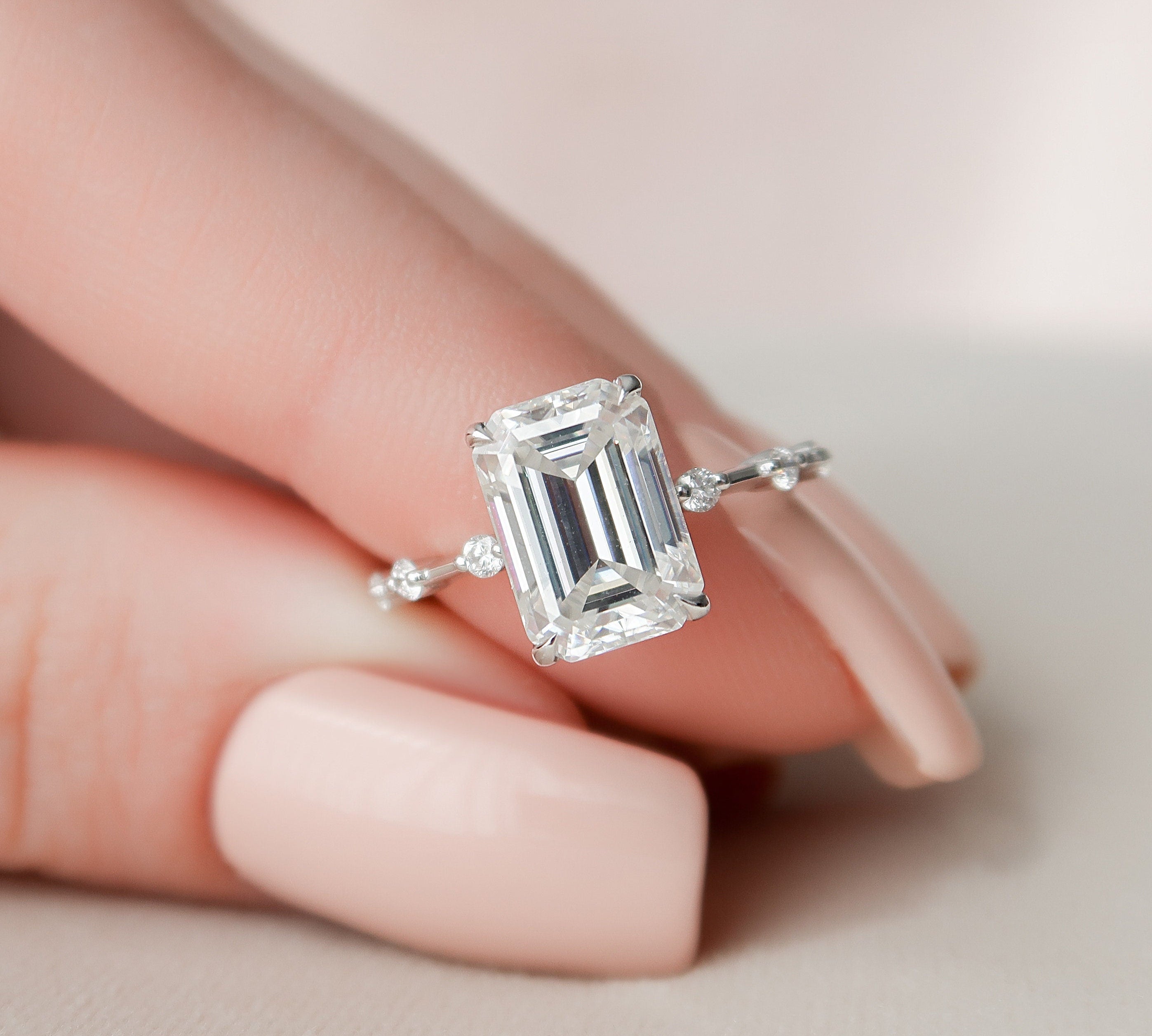 3.0 CT Emerald Cut Dainty Style Pave Moissanite Engagement Ring 2