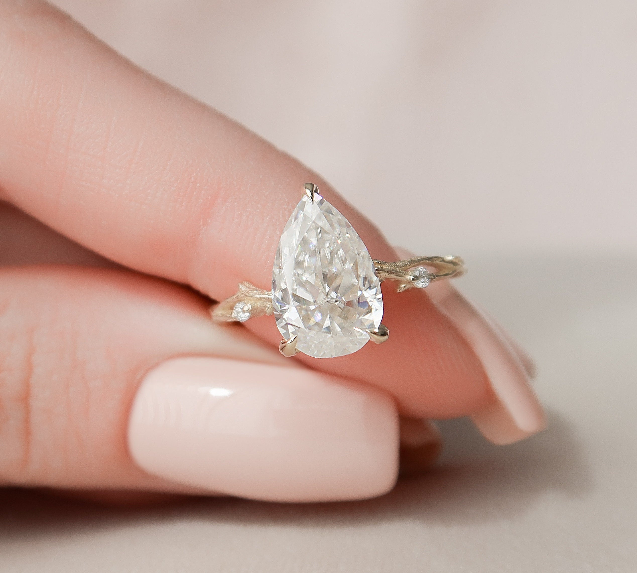 2.5 CT Pear Cut Solitaire & Twig Pave Moissanite Engagement Ring 2