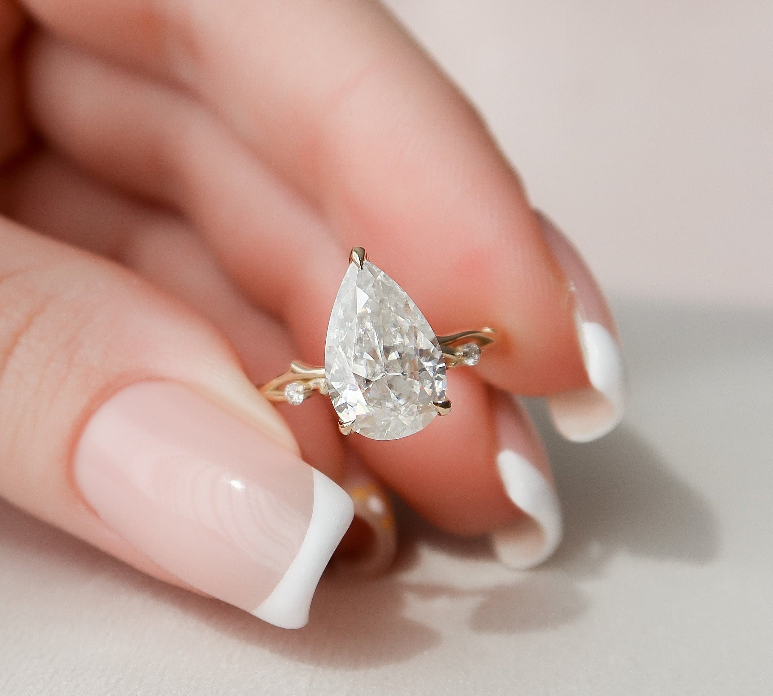 2.5 CT Pear Cut Solitaire & Twig Pave Moissanite Engagement Ring 1