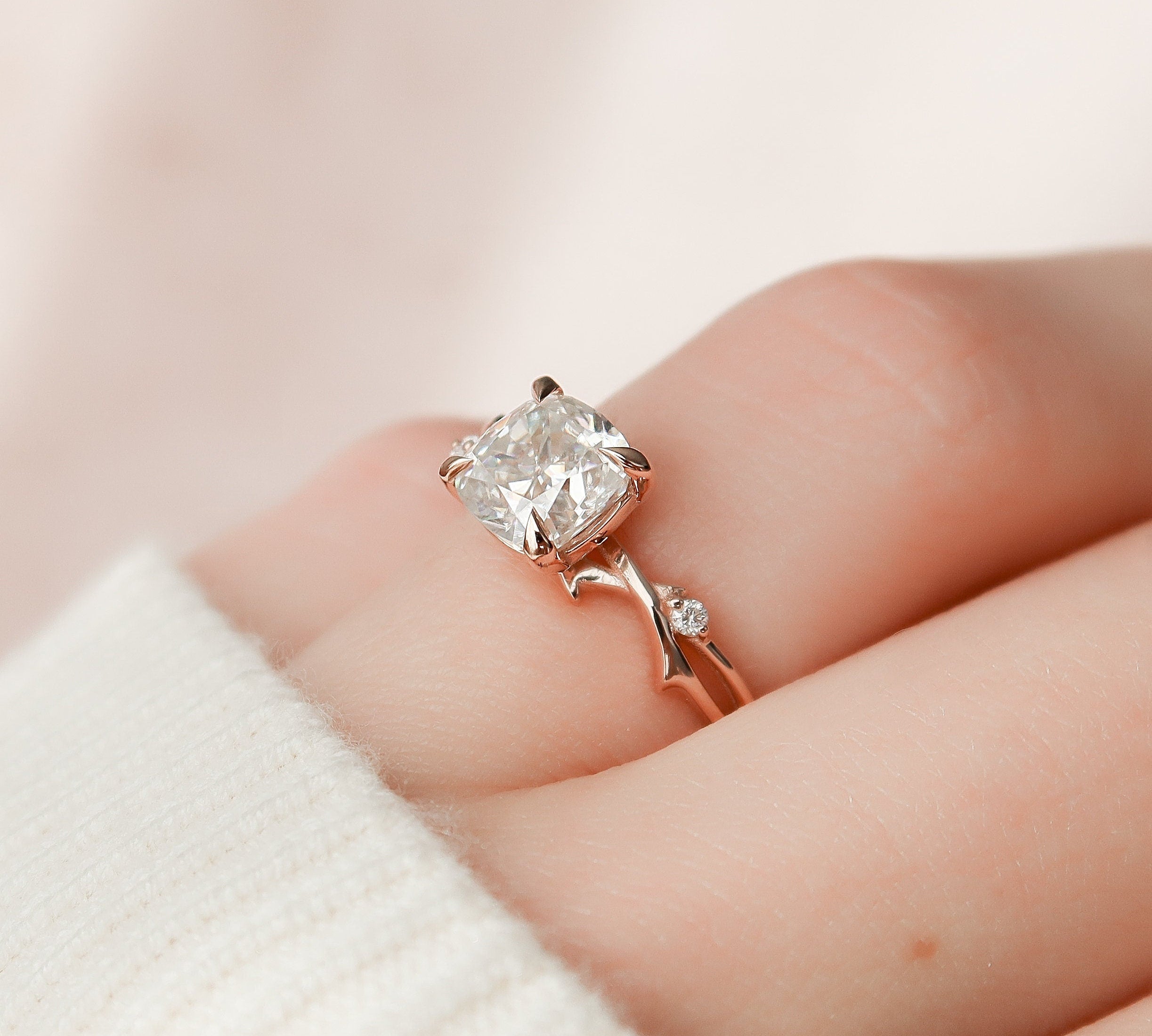 1.50 CT Cushion Twig Style Moissanite Engagement Ring 2