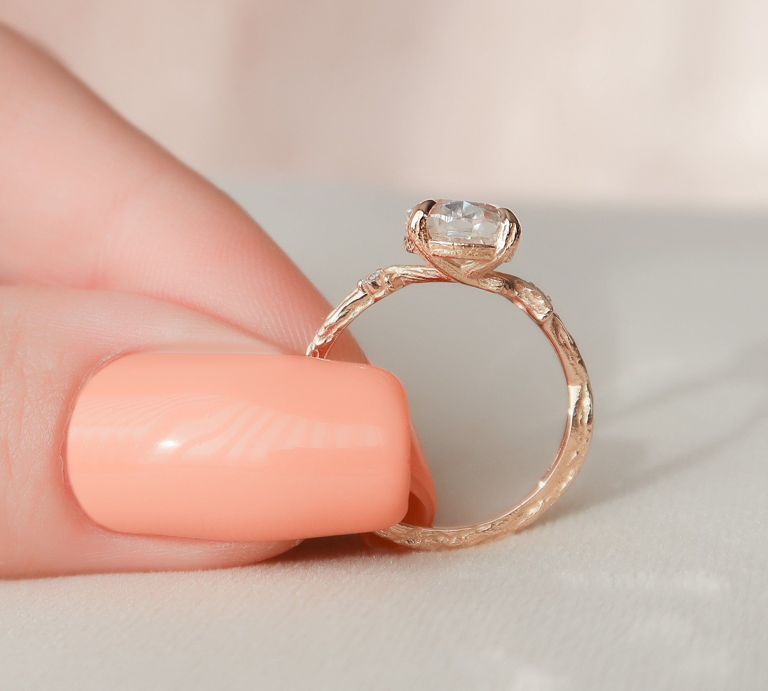 2.0 CT Oval Cut Twig Style Moissanite Engagement Ring 2