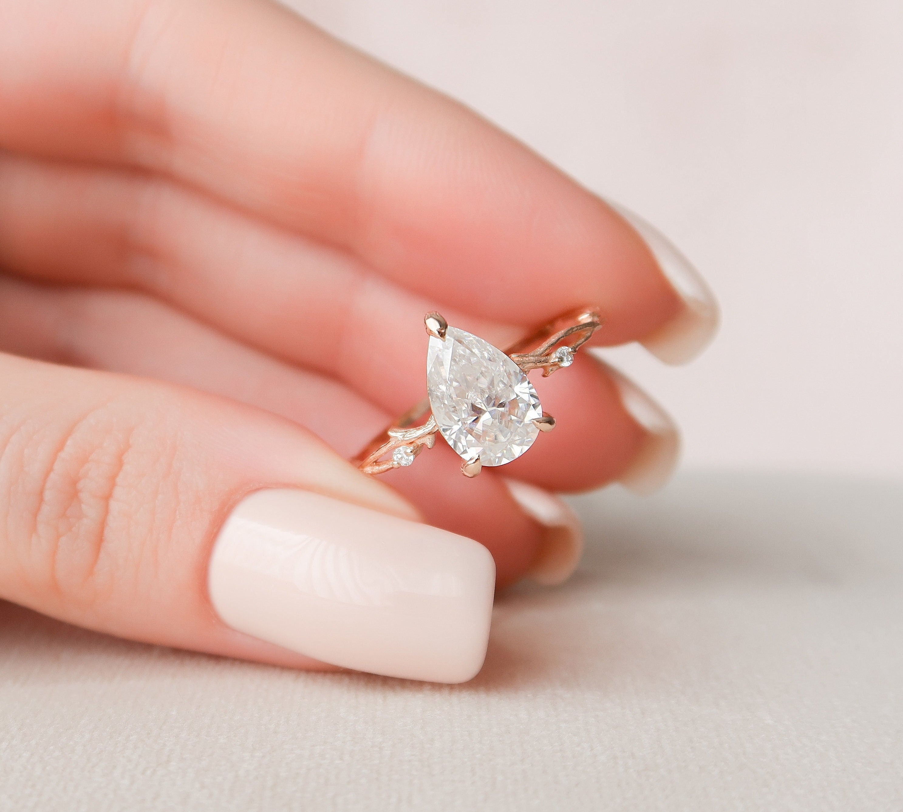 2.0 CT Pear Cut Twig Pave Style Moissanite Engagement Ring 3