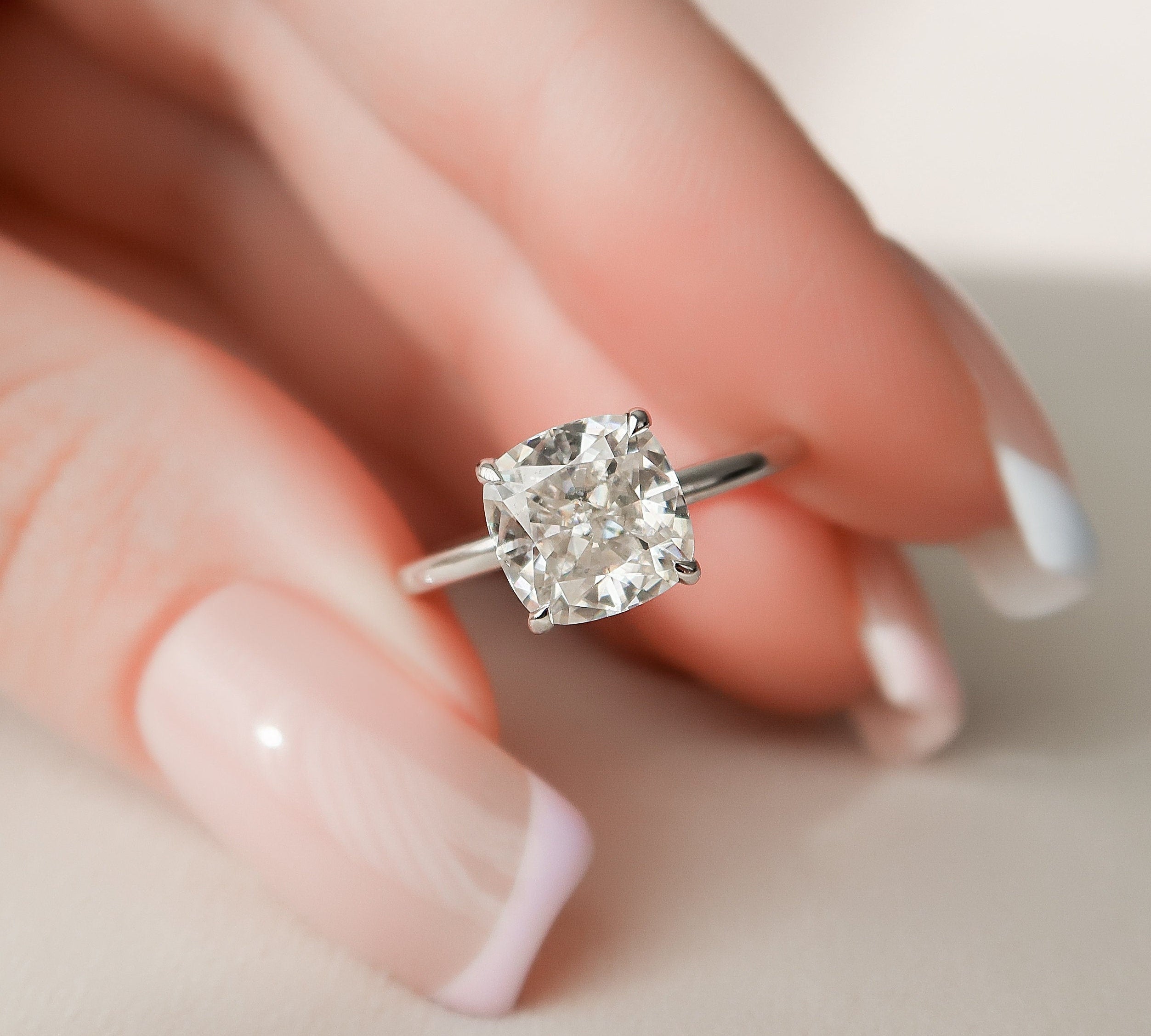 2.0 CT Cushion Hidden Halo & Solitaire Moissanite Engagement Ring 1