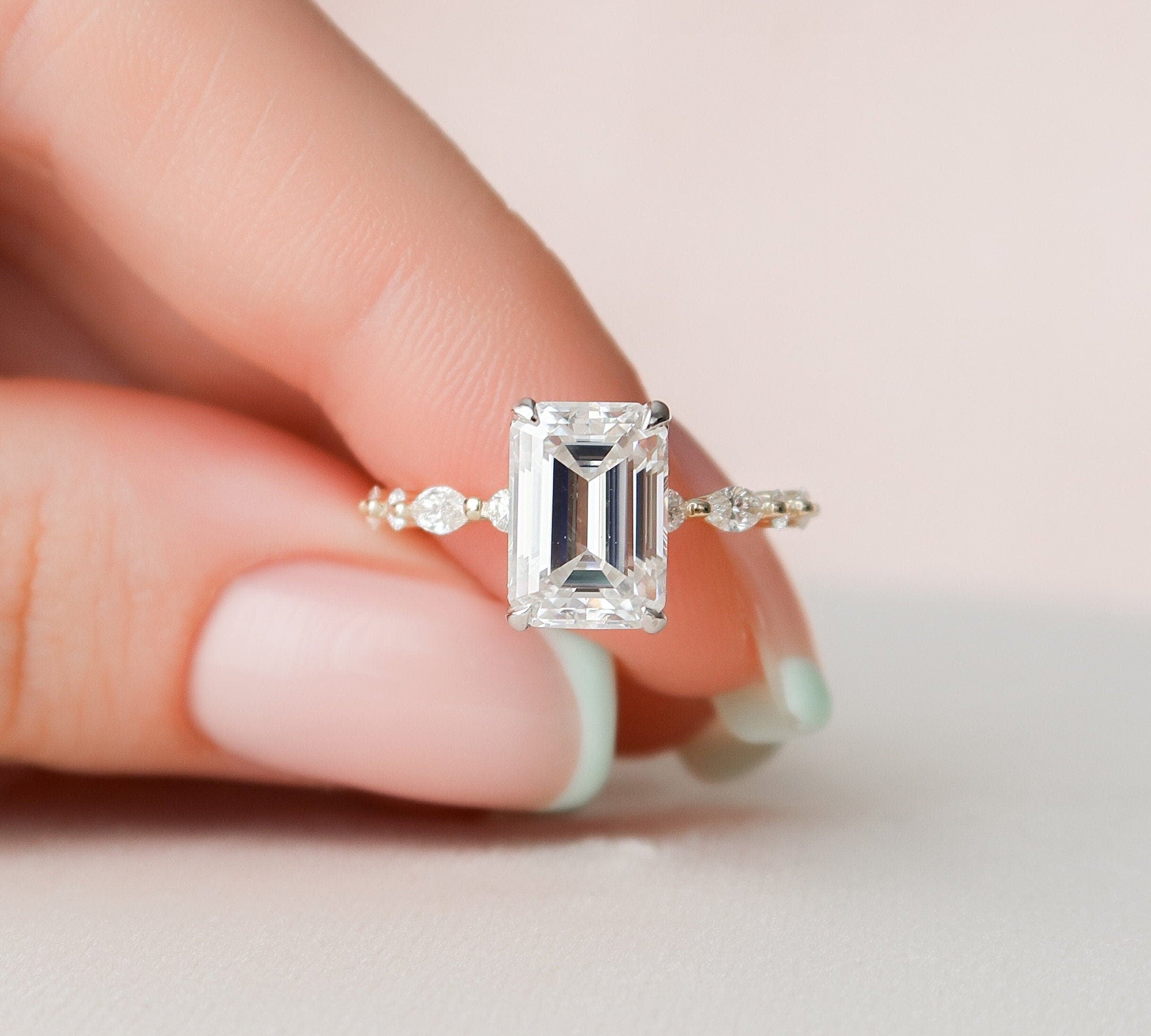 3.0 CT Emerald Solitaire & Hidden Halo Setting Moissanite Engagement Ring 1