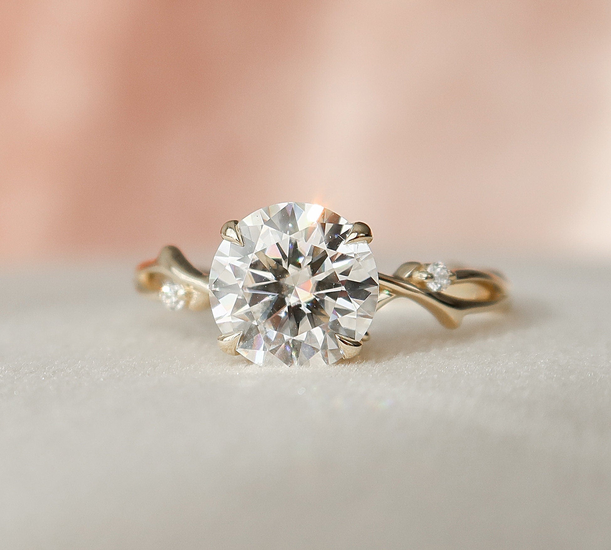 2 CT Round Cut Twig Pave Setting Moissanite Engagement Ring 2