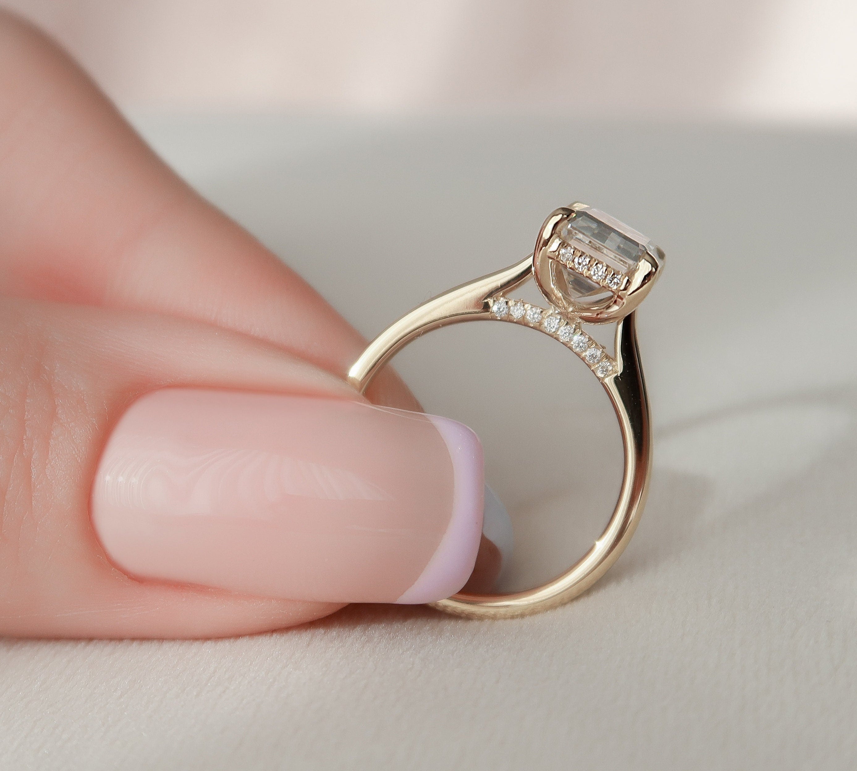 3.0 CT Emerald Cut Solitaire & Hidden Halo Moissanite Engagement Ring 2