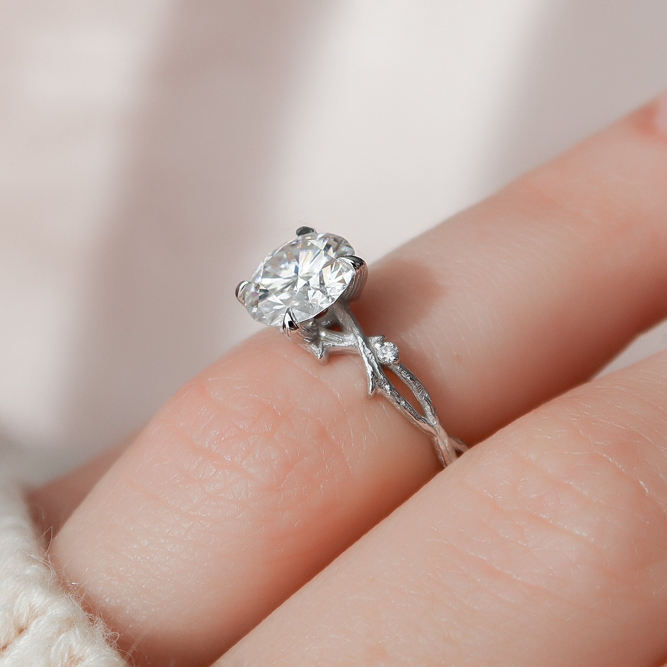 2 CT Round Cut Twig Pave Setting Moissanite Engagement Ring 6