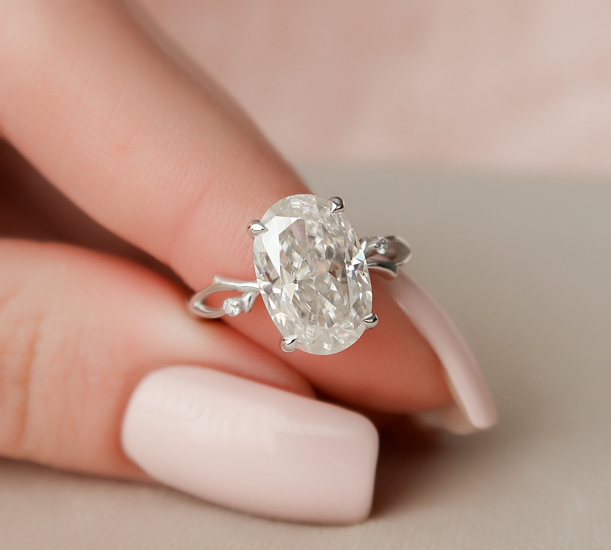 3.5 CT Oval Cut Solitaire & Twig Pave Moissanite Engagement Ring 1