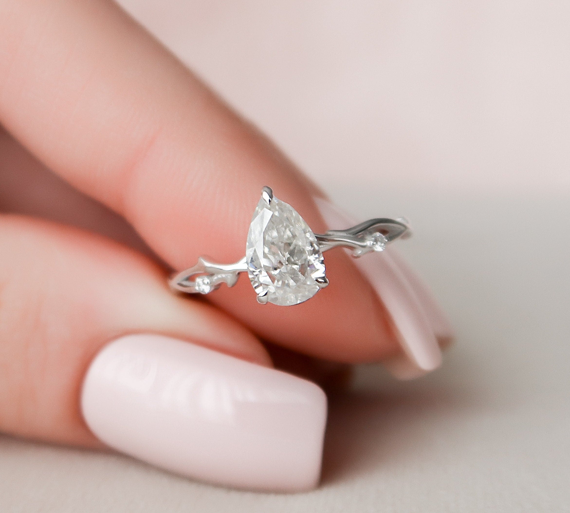 1.0 CT Pear Cut Twig Pave Setting Moissanite Engagement Ring 2