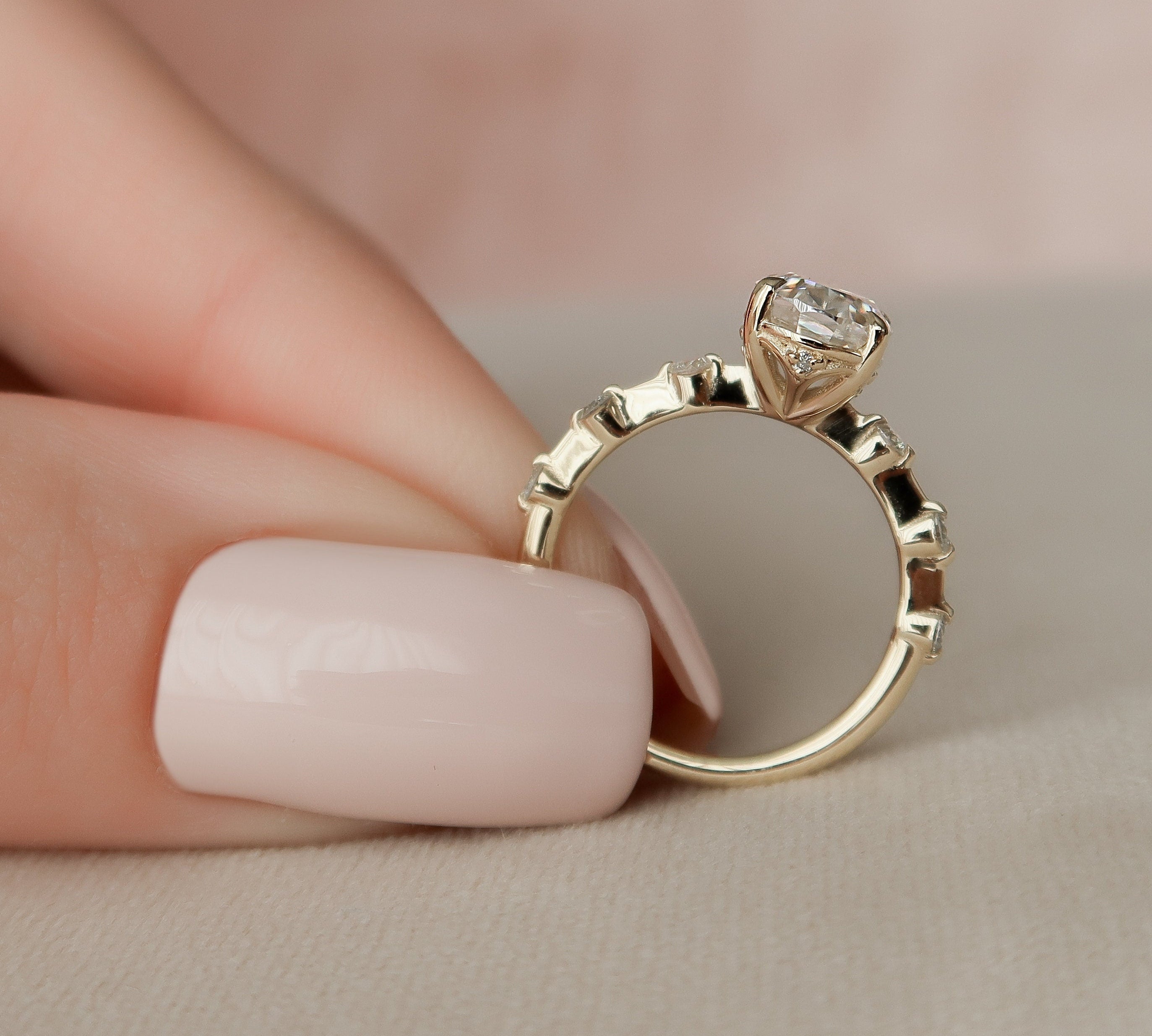 1.5 CT Oval Cut Dainty Pave & Solitaire Moissanite Engagement Ring 2