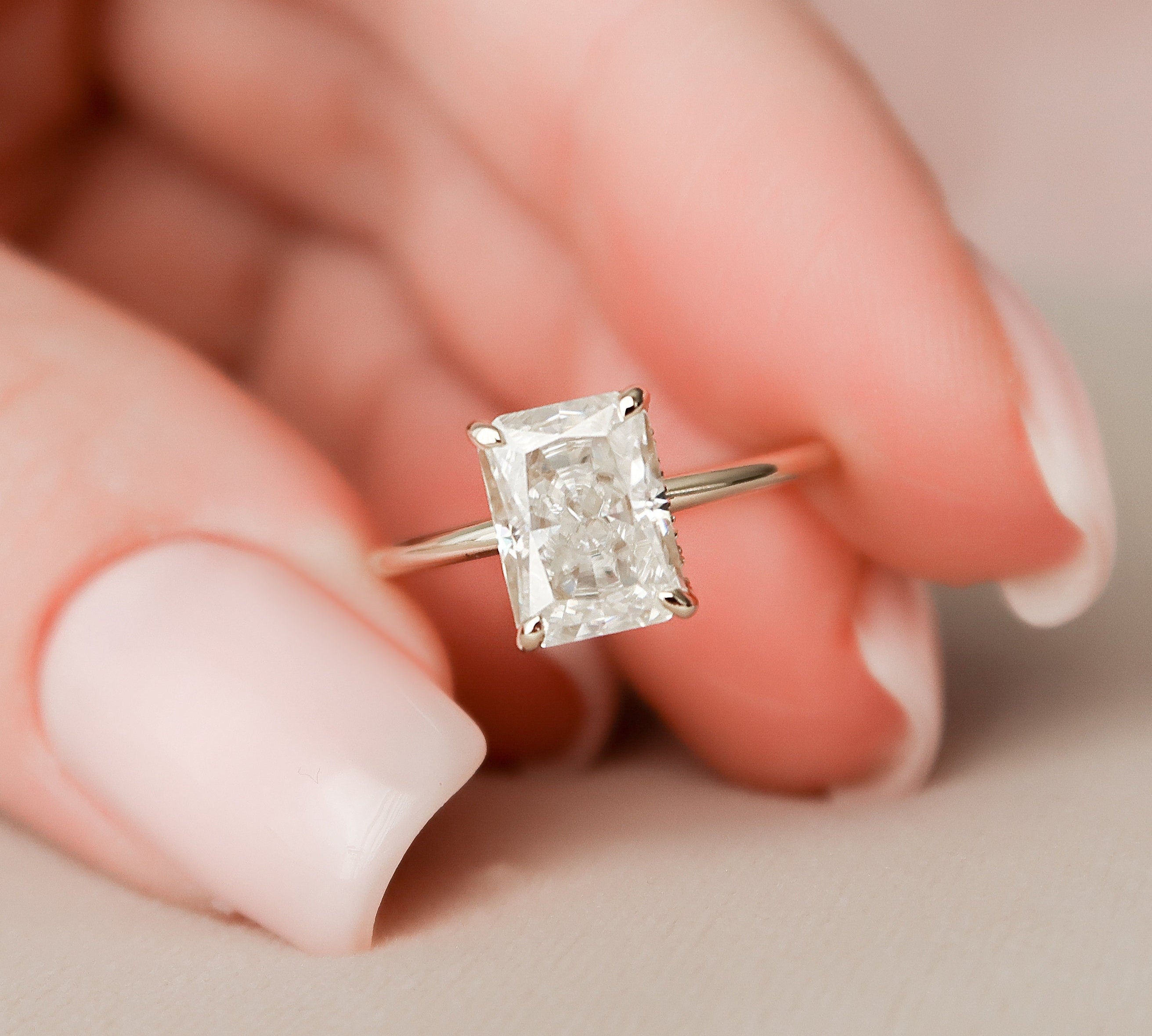 2.0 CT Radiant Solitaire & Hidden Halo Moissanite Engagement Ring 1