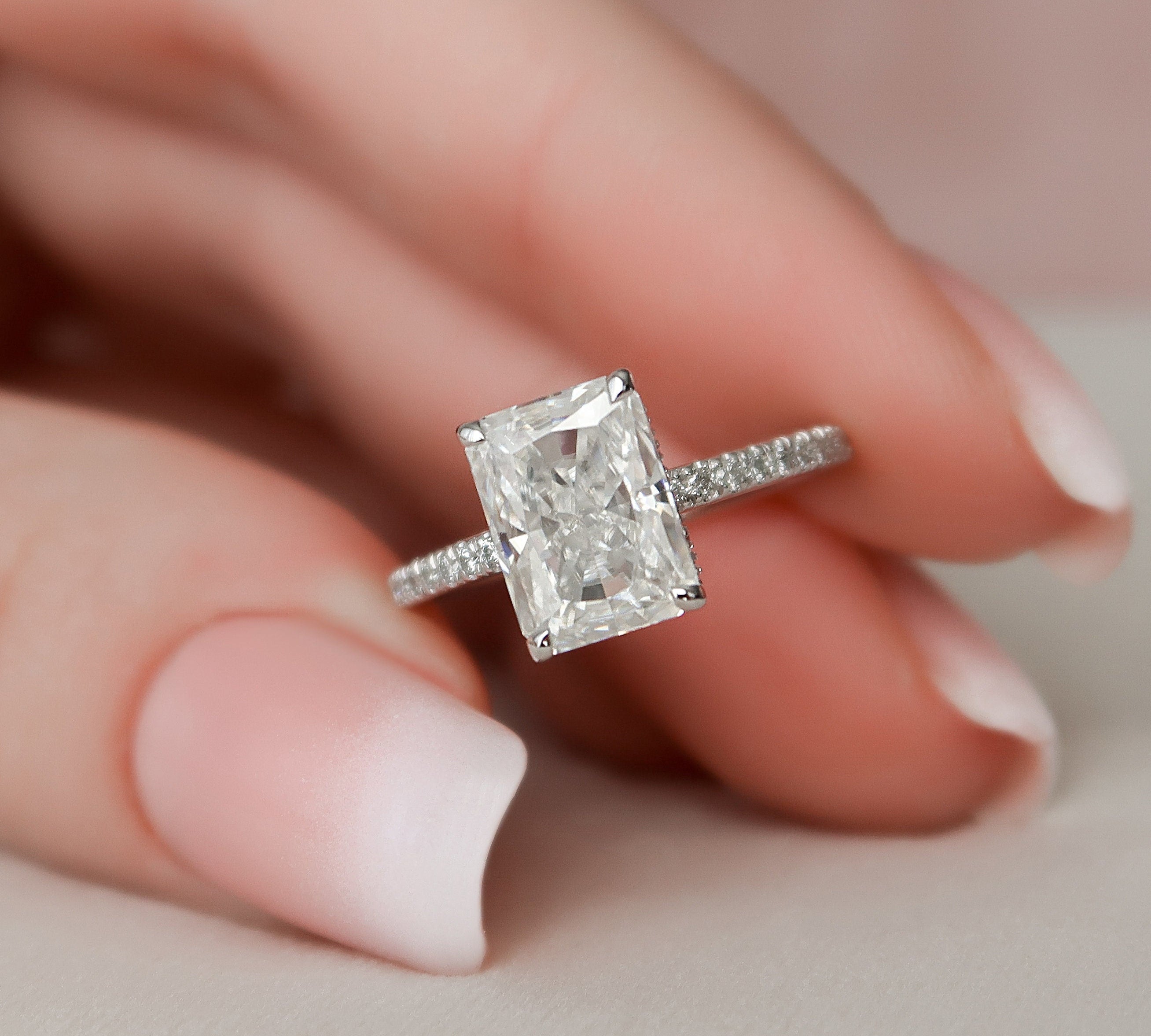 3.0 CT Radiant Pave & Hidden Halo Moissanite Engagement Ring 1