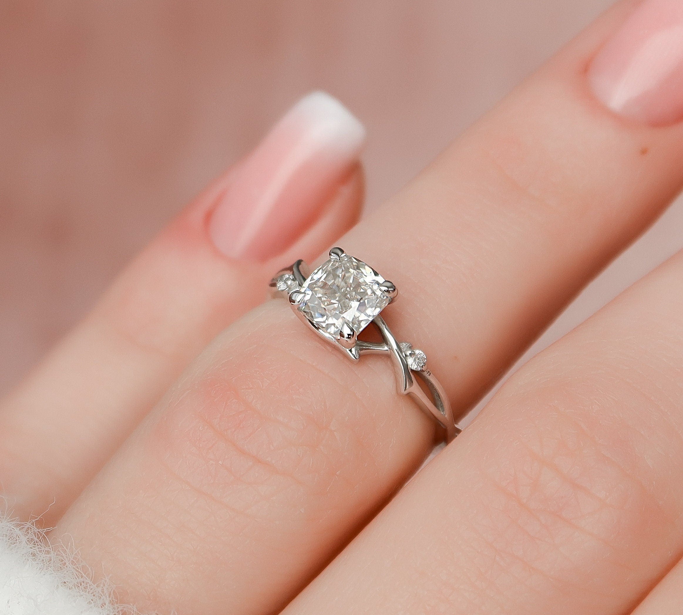 1.0 CT Cushion Solitaire & Twig Setting Moissanite Engagement Ring 3