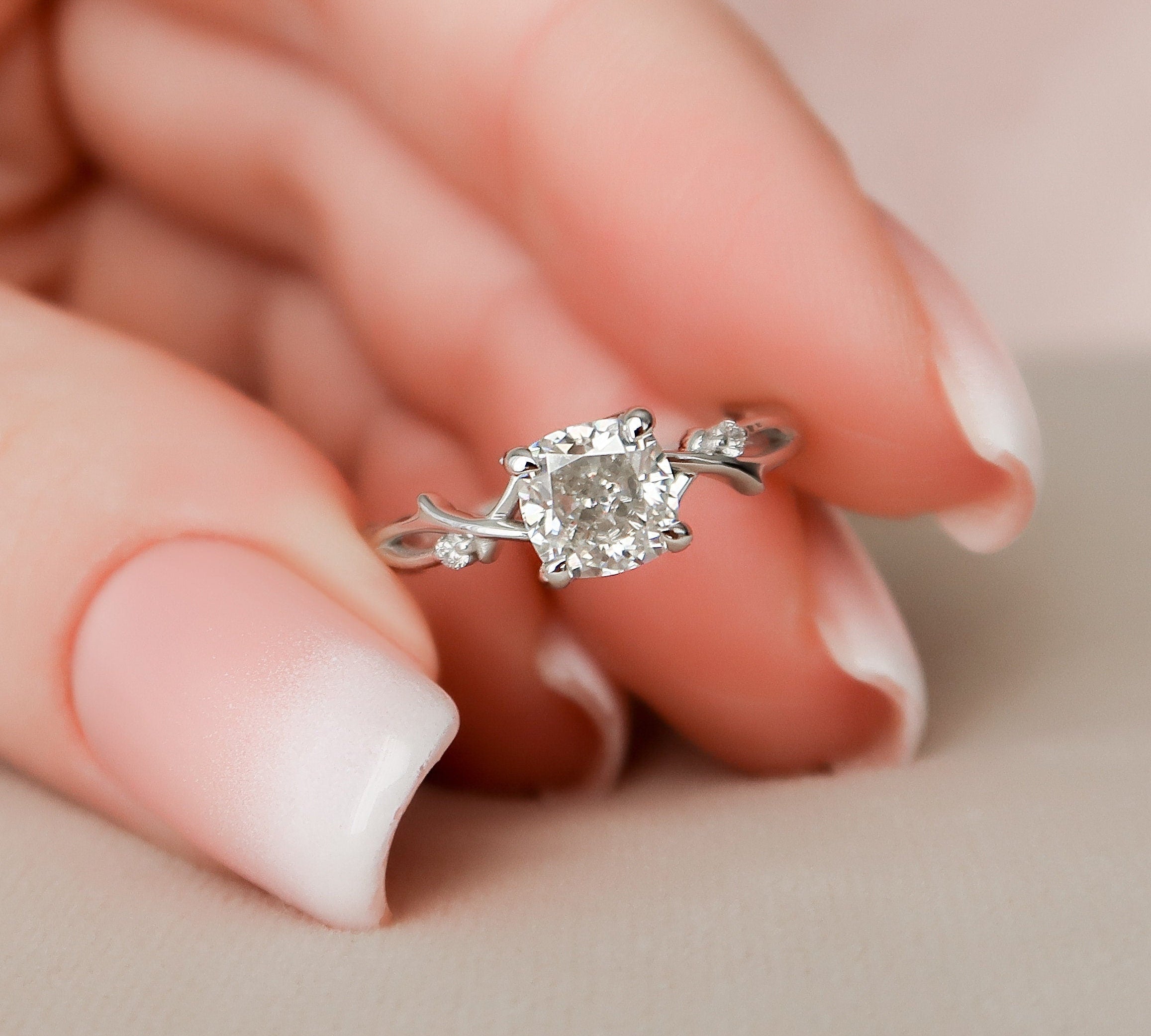 1.0 CT Cushion Solitaire & Twig Setting Moissanite Engagement Ring 1