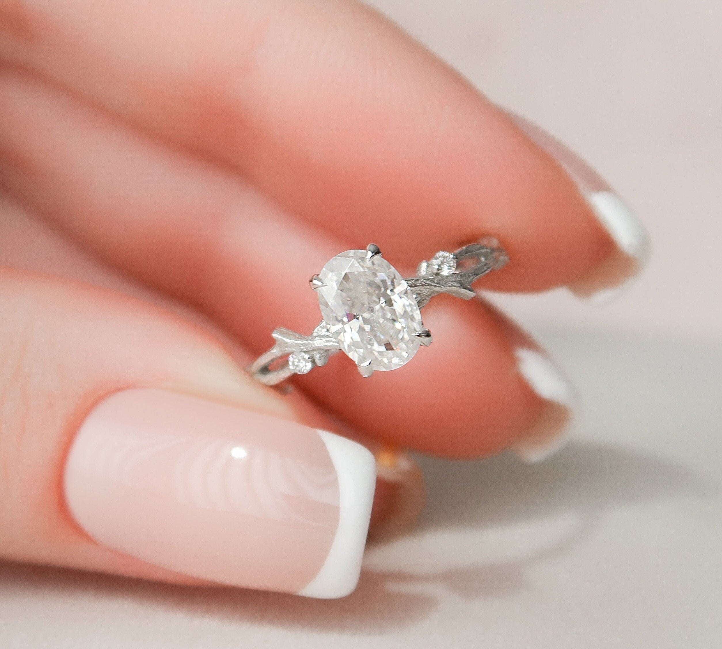 1.0 CT Oval Cut Solitaire & Twig Pave Moissanite Engagement Ring 1