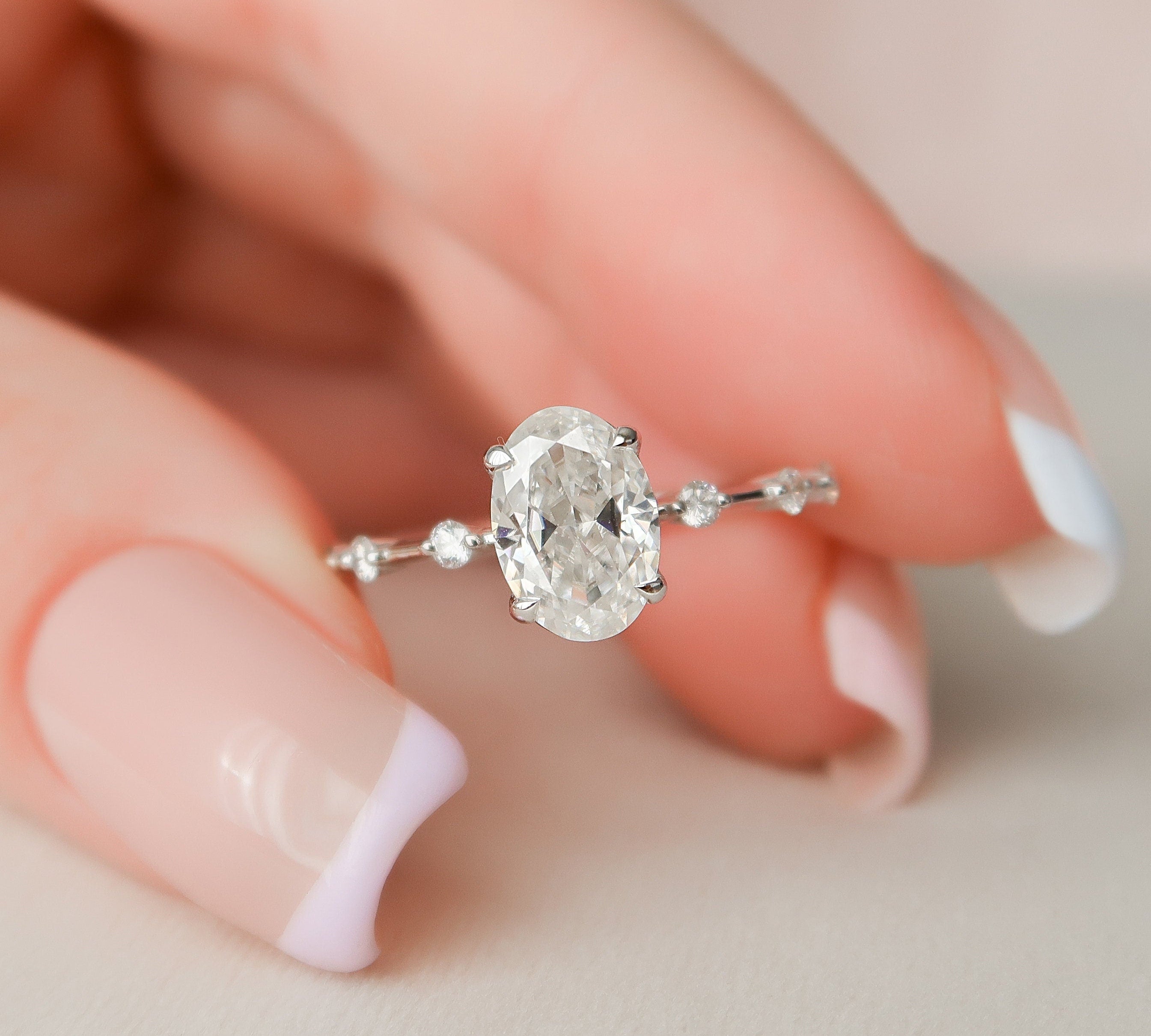 1.5 CT Oval Cut Dainty Pave & Solitaire Moissanite Engagement Ring 1