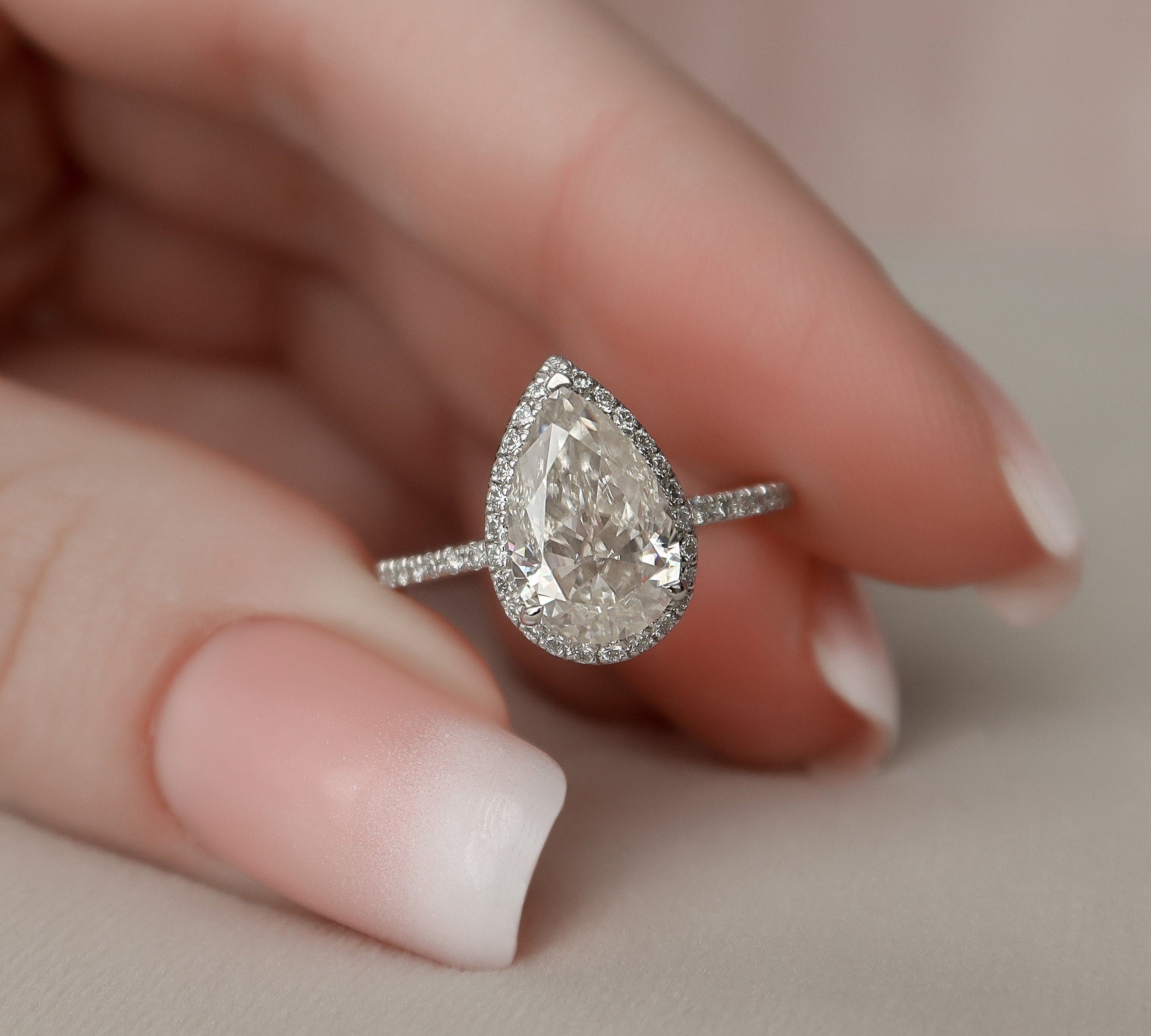 2.0 CT Pear Cut Halo & Pave Setting Moissanite Engagement Ring 1