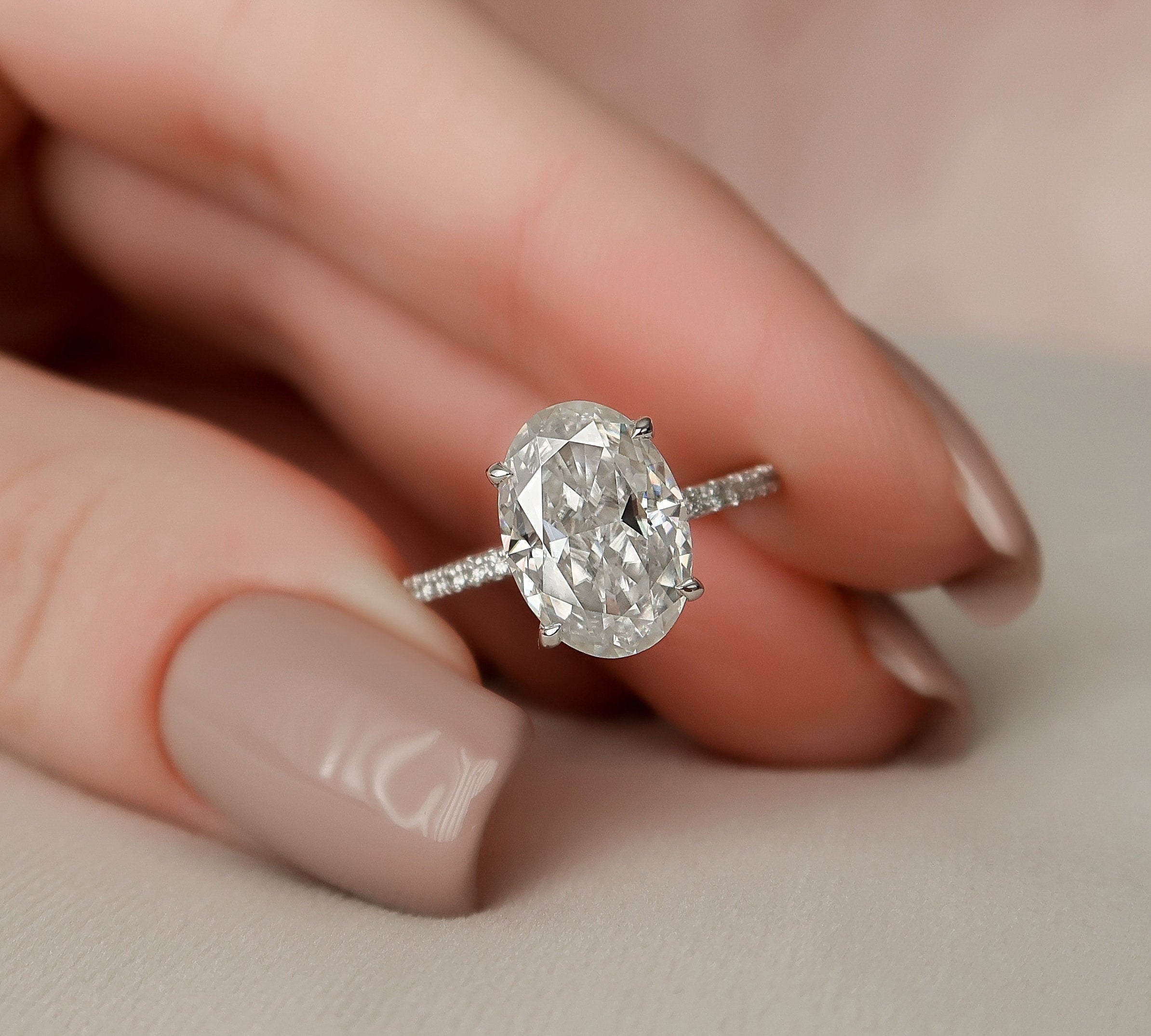 3.0 CT Oval Pave Setting & Hidden Halo Moissanite Engagement Ring 1