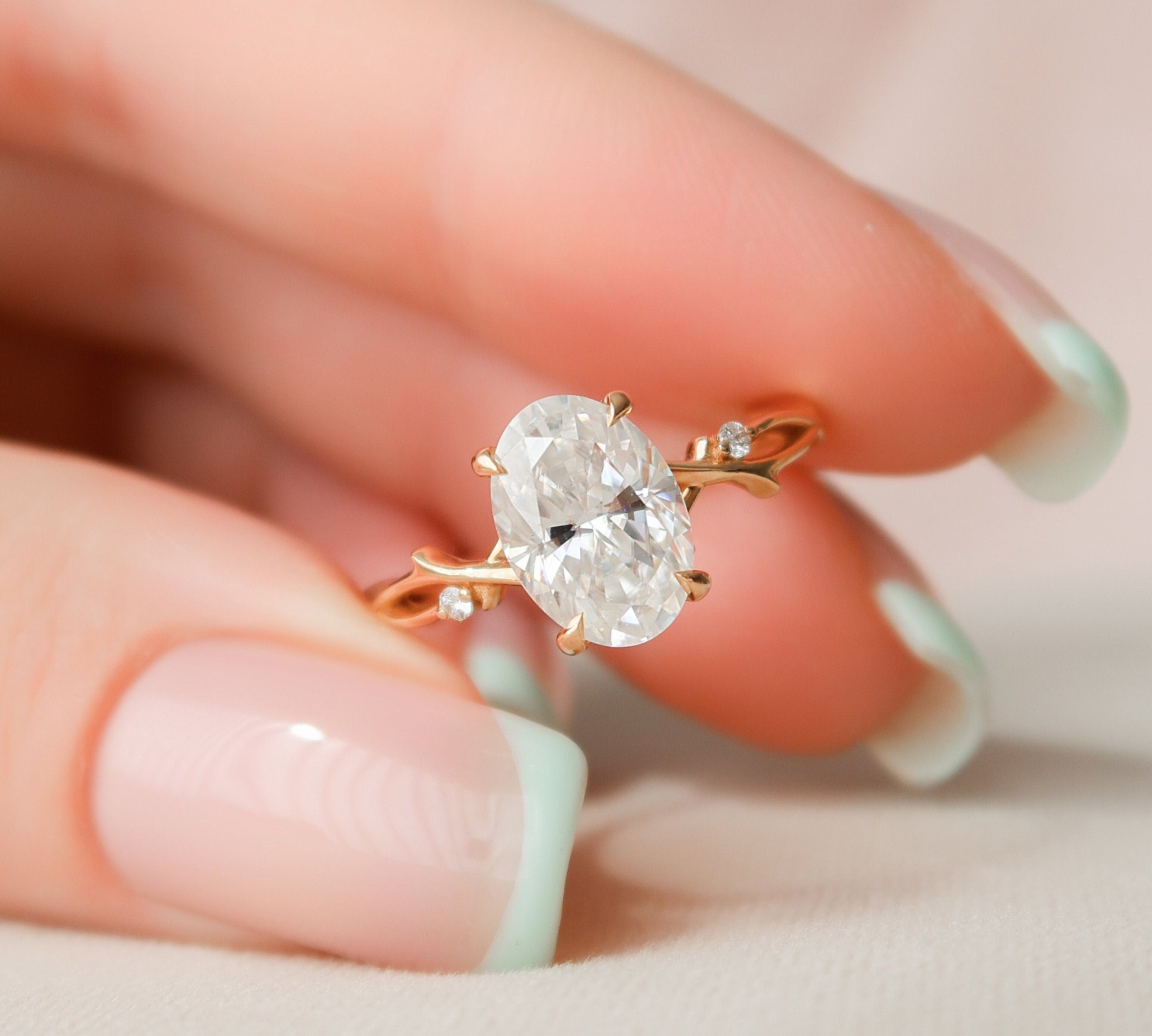 2.0 CT Oval Cut Twig Style Moissanite Engagement Ring 1