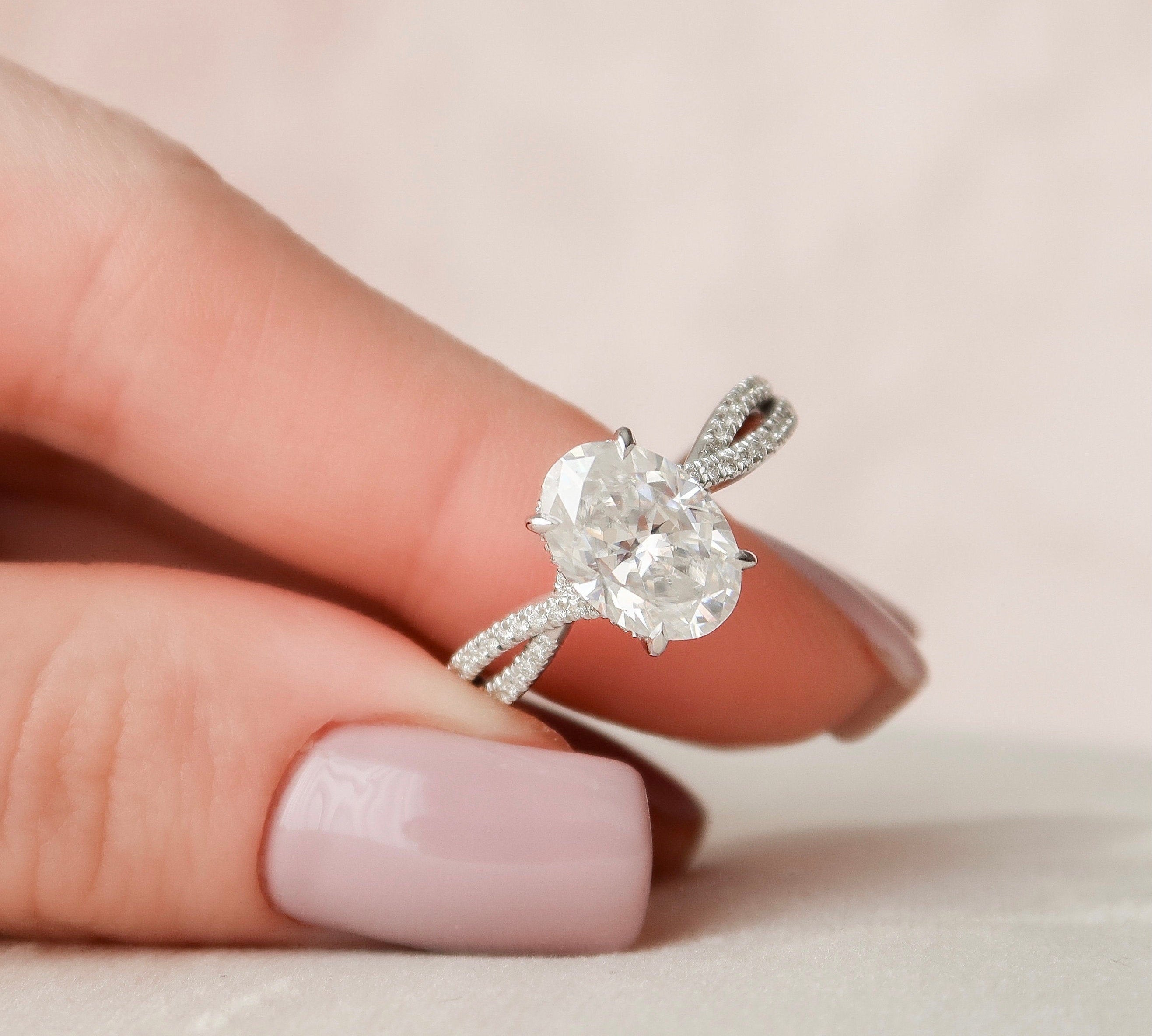 3.0 CT Oval Cut Solitaire & Cross Over Pave Moissanite Engagement Ring 1