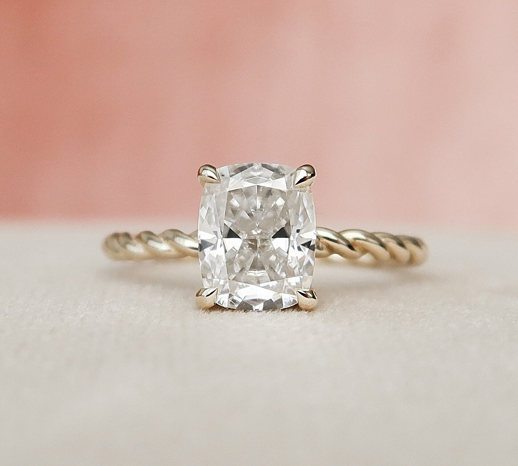 2.0 CT Cushion Twisted Band & Hidden Halo Moissanite Engagement Ring 3