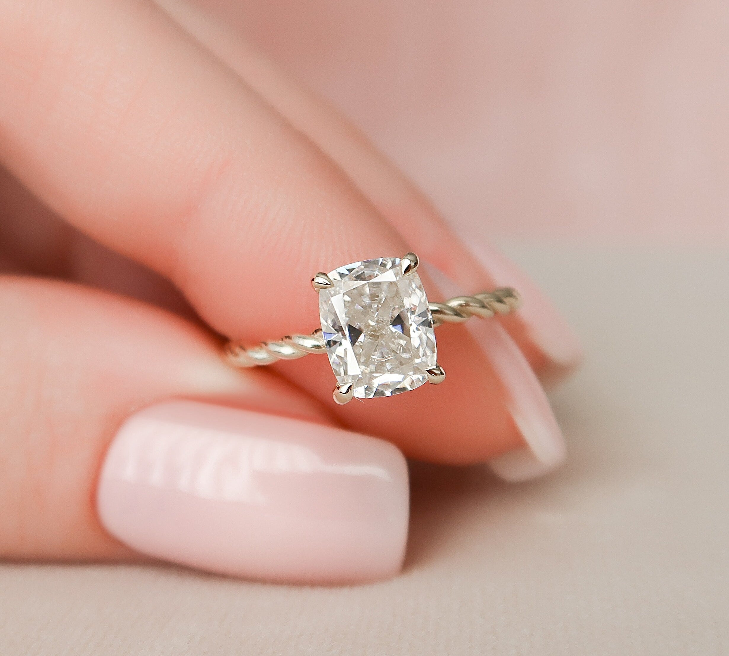 2.0 CT Cushion Twisted Band & Hidden Halo Moissanite Engagement Ring 2