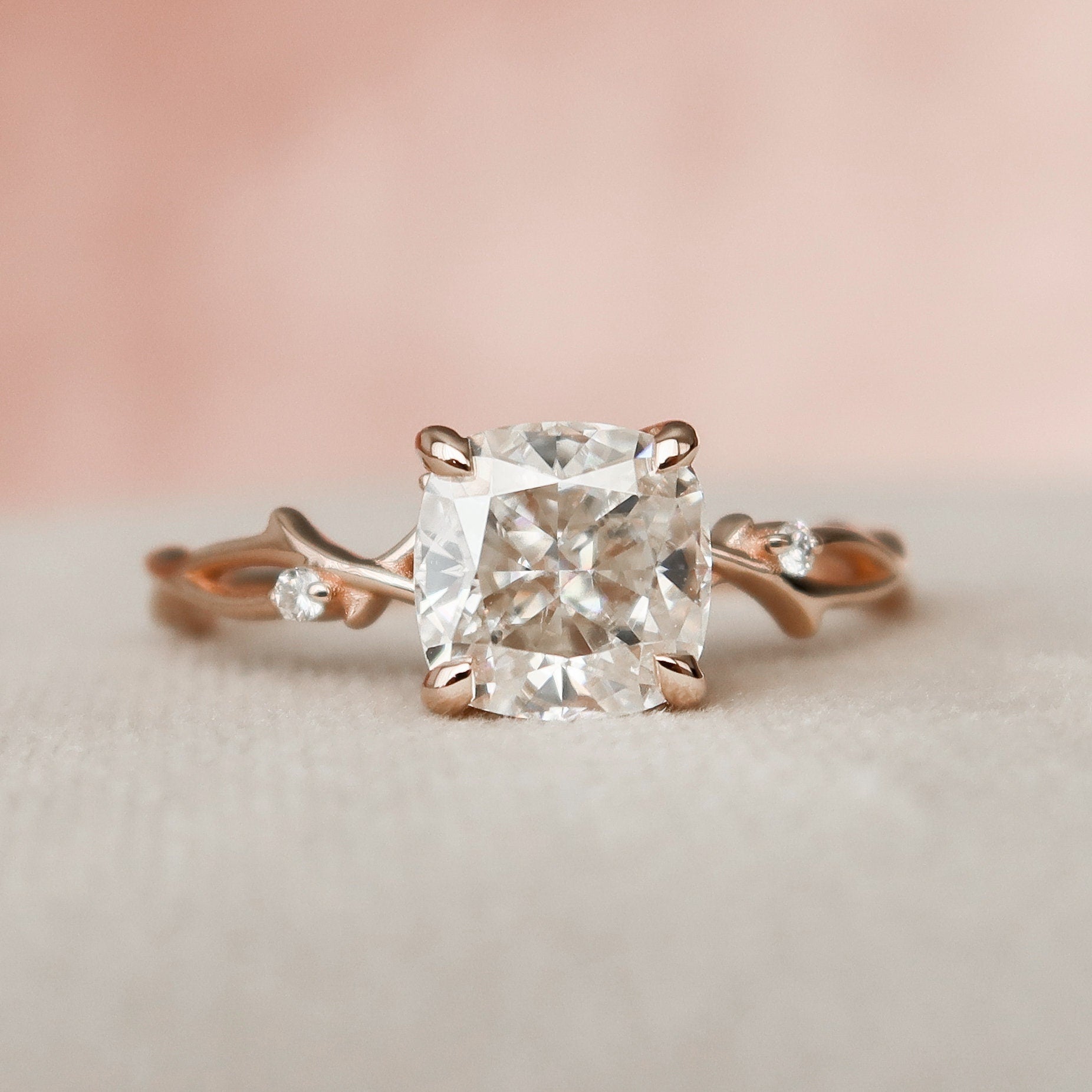 2.0 CT Cushion Twig Style Moissanite Engagement Ring 6