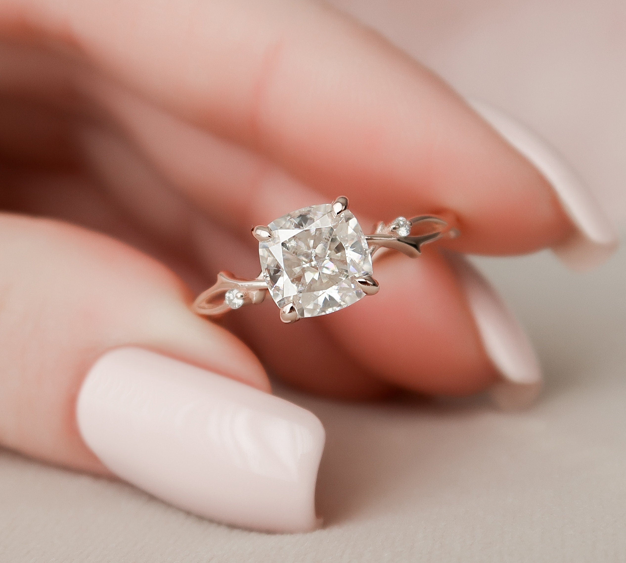 2.0 CT Cushion Twig Style Moissanite Engagement Ring 3