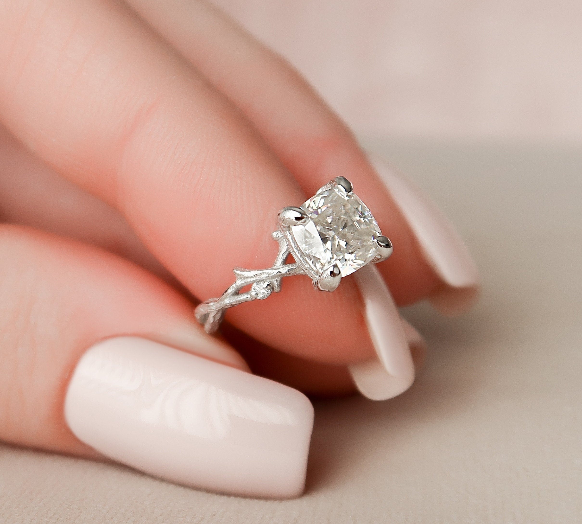1.50 CT Cushion Twig Style Moissanite Engagement Ring 3