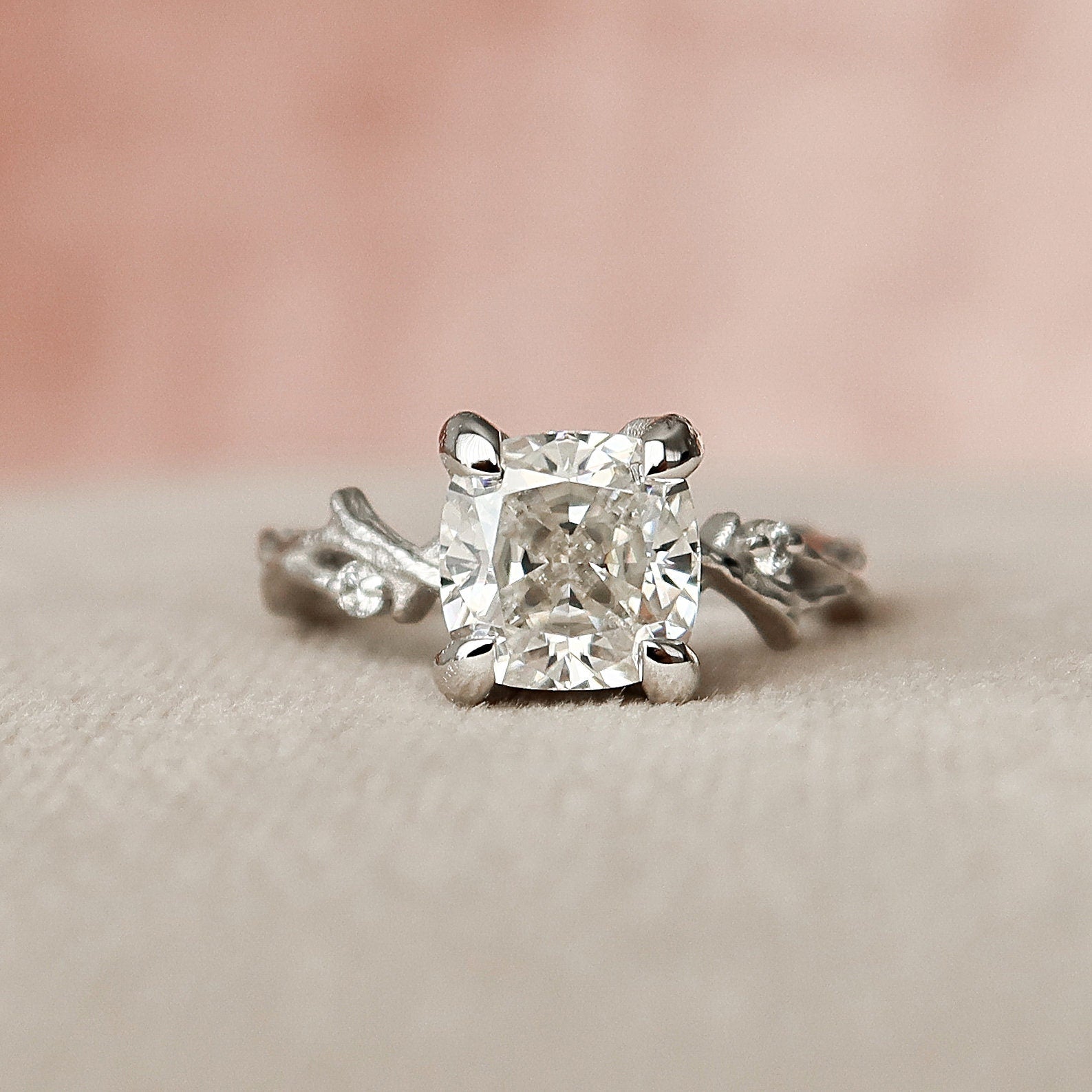 1.50 CT Cushion Twig Style Moissanite Engagement Ring 4