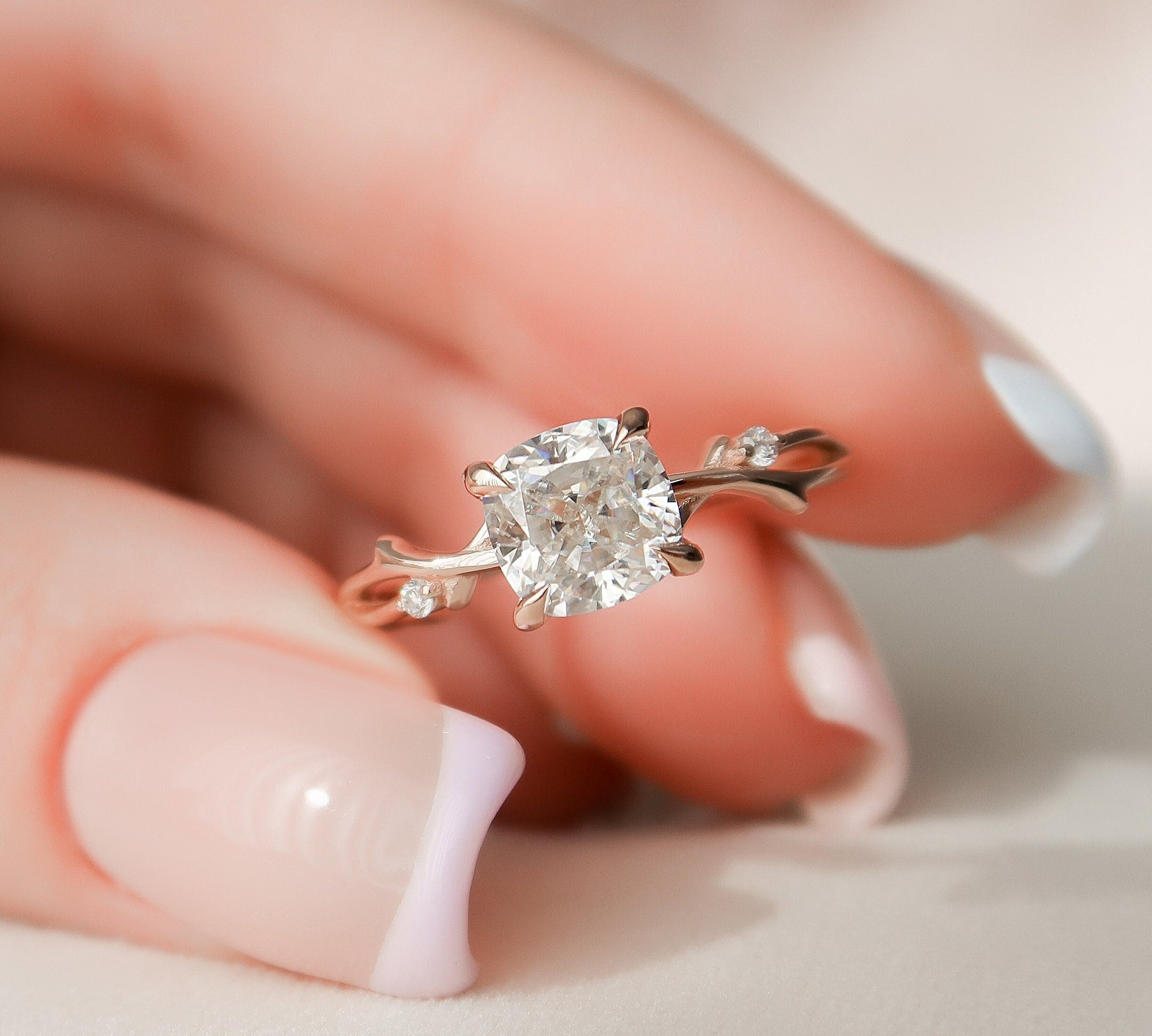 1.50 CT Cushion Twig Style Moissanite Engagement Ring 1