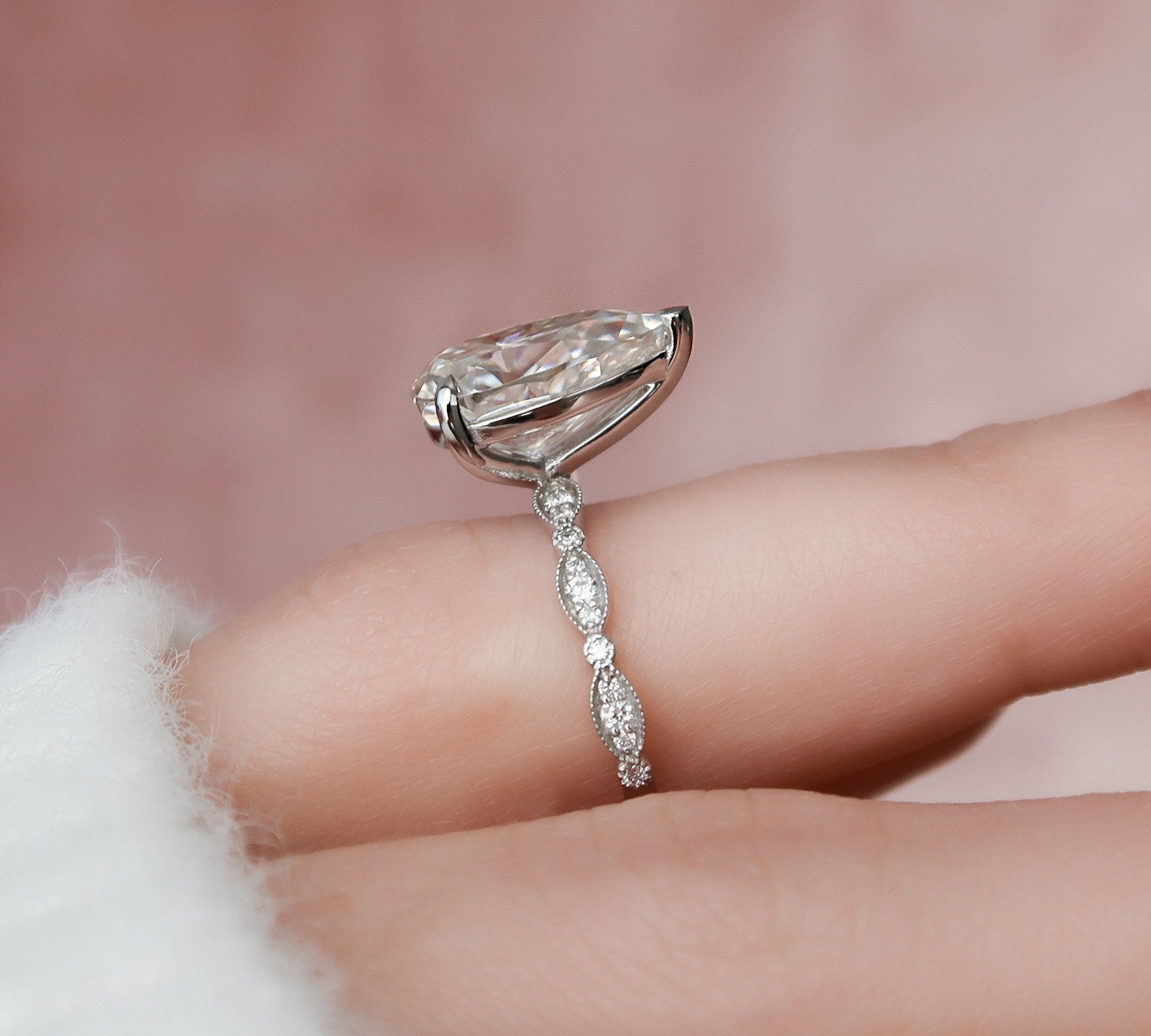 3.0 CT Pear Solitaire Milgrain Pave Moissanite Engagement Ring 3