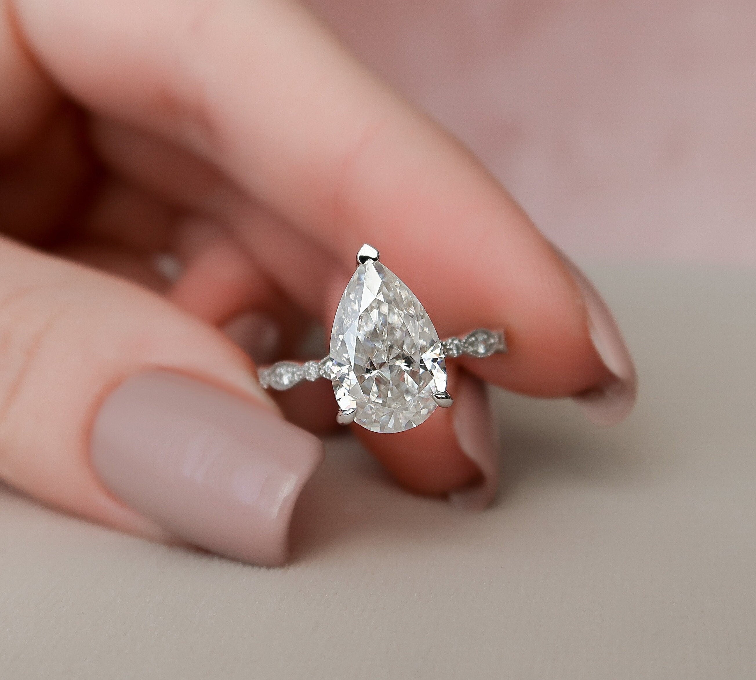 3.0 CT Pear Solitaire Milgrain Pave Moissanite Engagement Ring 1