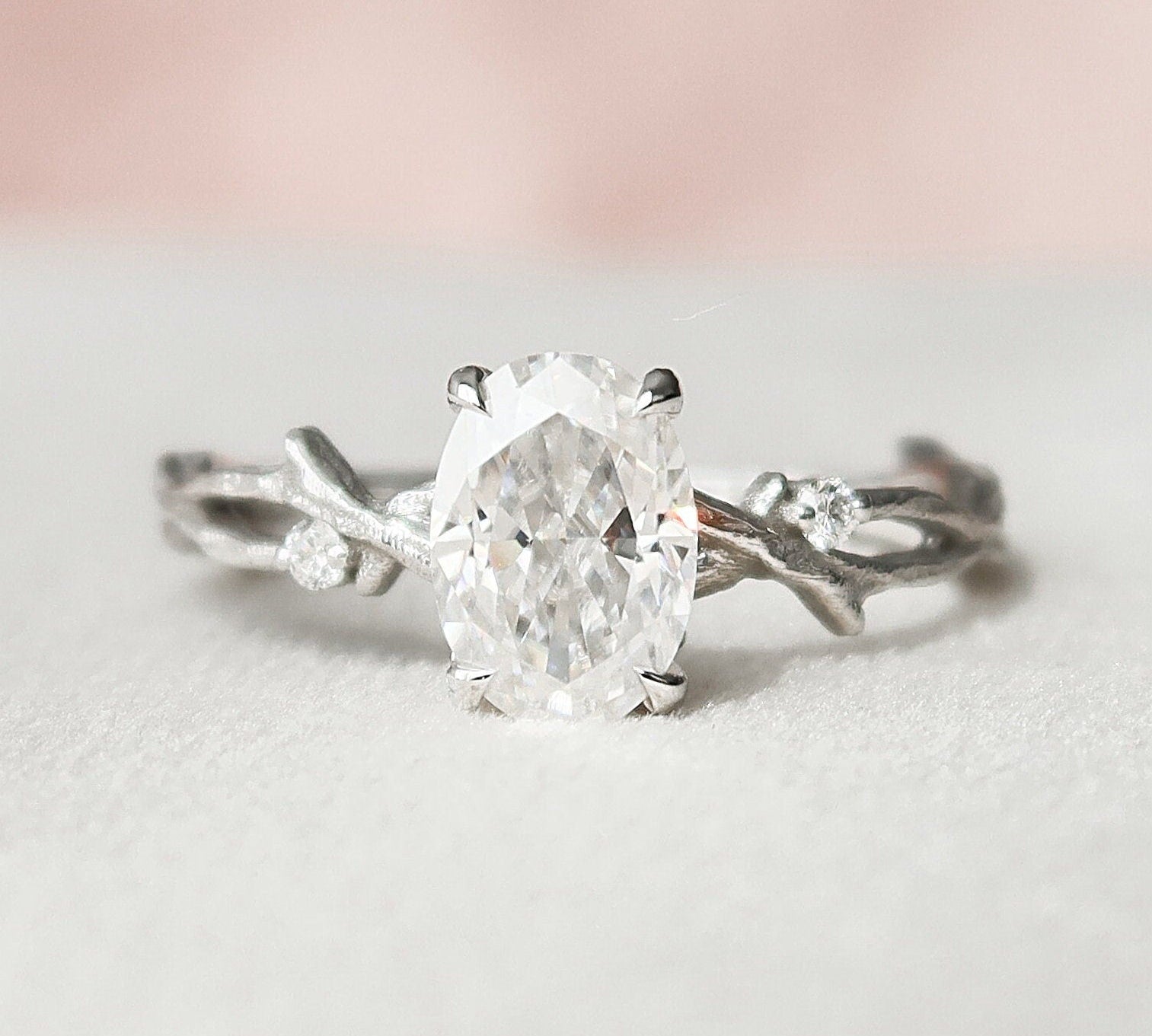 1.0 CT Oval Cut Solitaire & Twig Pave Moissanite Engagement Ring 3